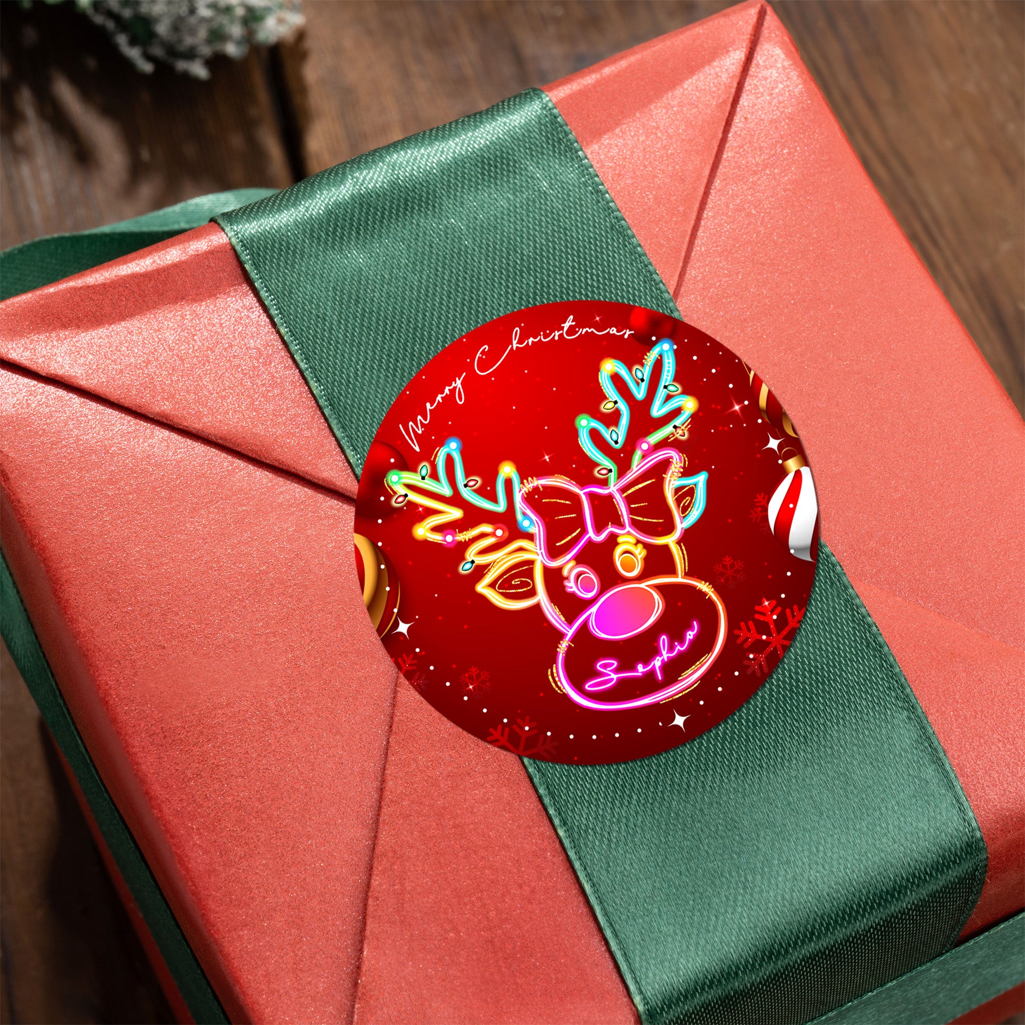 Personalizado Lindo Reno de Navidad de neón a prueba de agua Etiquetas Adhesivas con Nombre Regalo Decoración Festival de Navidad Fiesta de Favores para la Familia Amigos