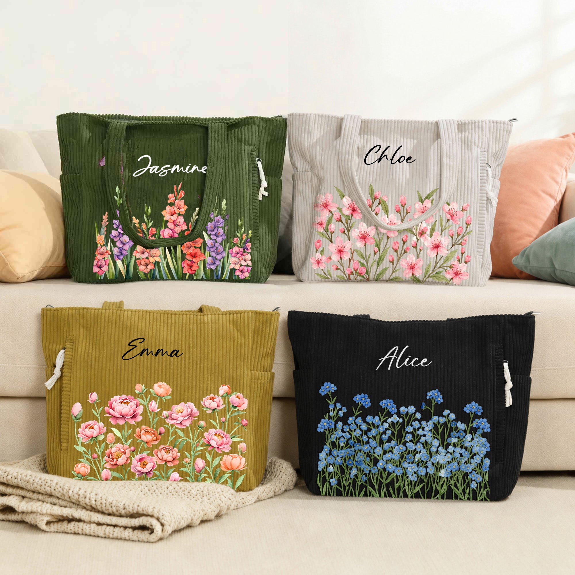 Nombre de la flor de nacimiento personalizado Bolsa de pana de gran capacidad con cremallera y bolsillo frontal Uso diario Cumpleaños Regalo de viaje para ella