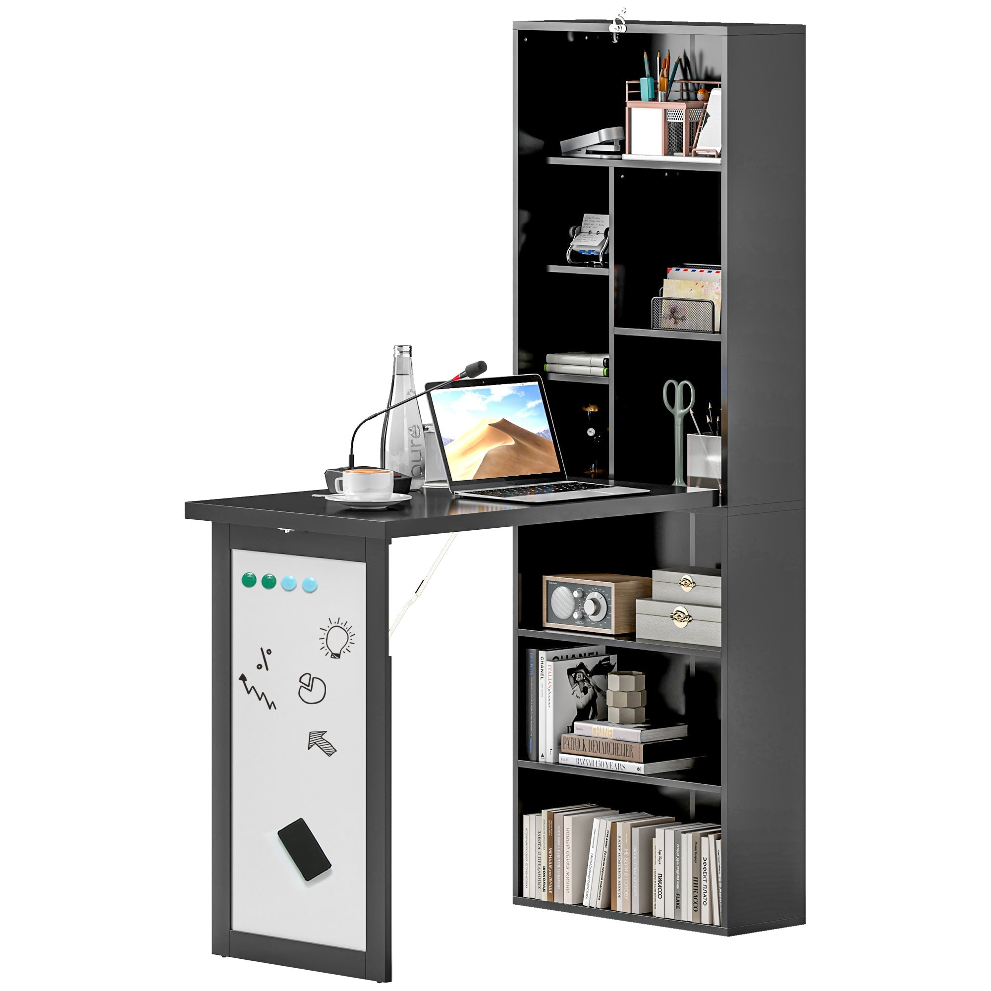 Wall Mounted Computer Desk, Folding Study Table with White Board and Bookshelf, Black