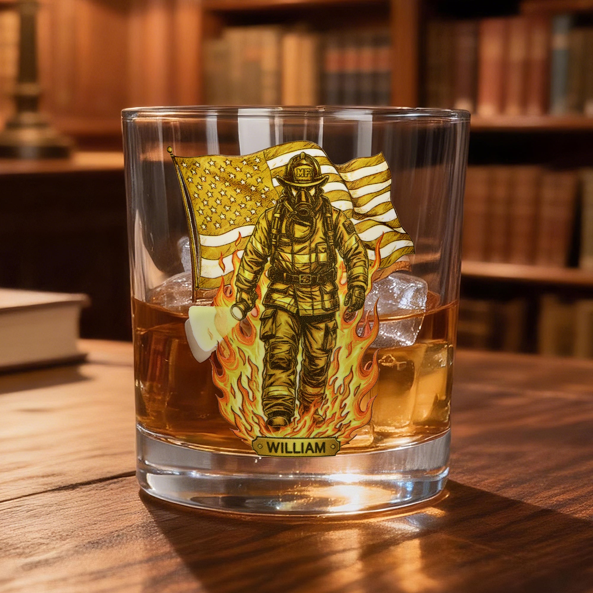 Vaso de Whisky de 10 oz Personalizado con Bandera Americana de Bombero con Base Gruesa y Nombre Día del Padre Día de los Veteranos Regalo para Bombero Militar