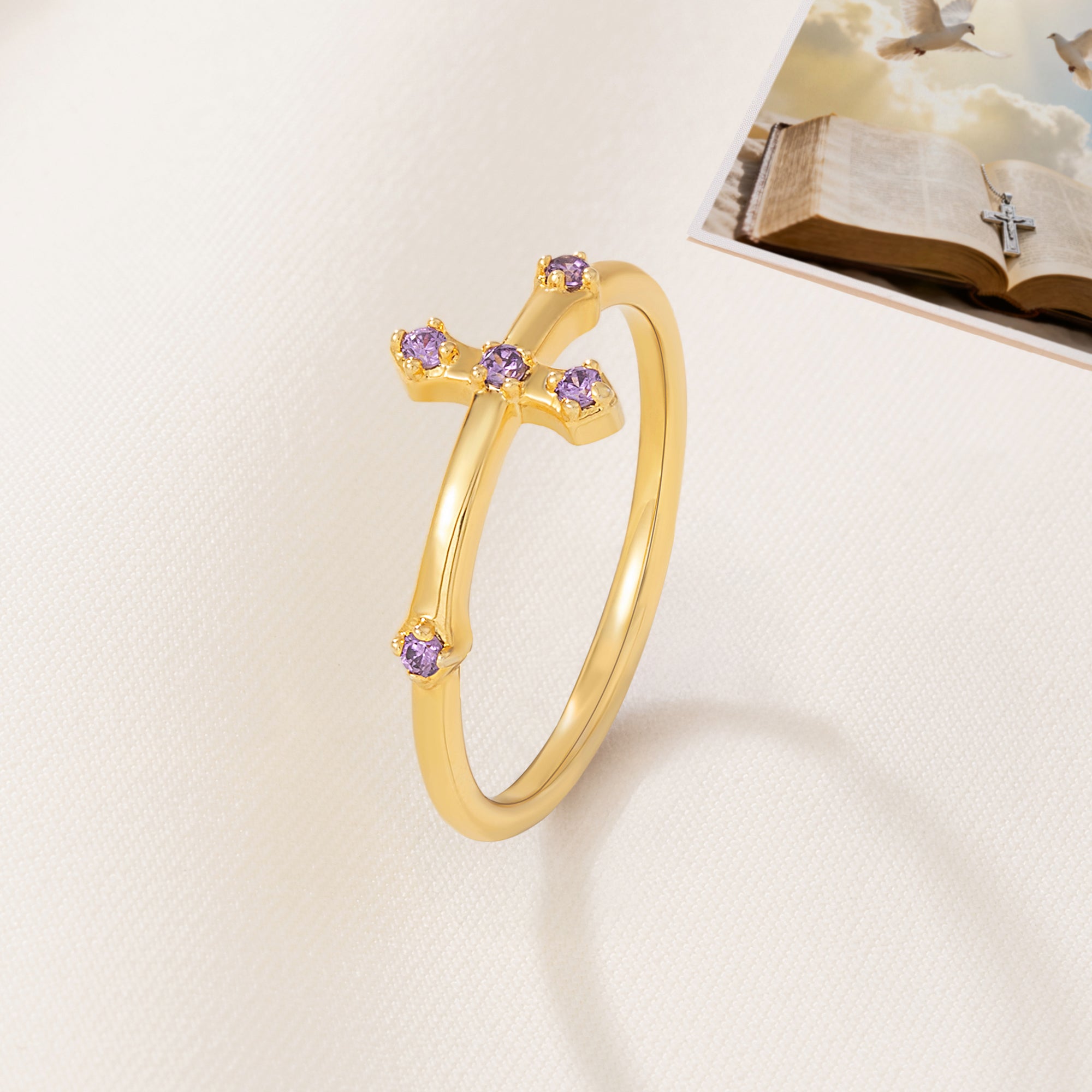 Personalizado Dainty Cross Birthstone Sterling Silver Ring Christmas Birthday Baptism Gift for Christians Mothers