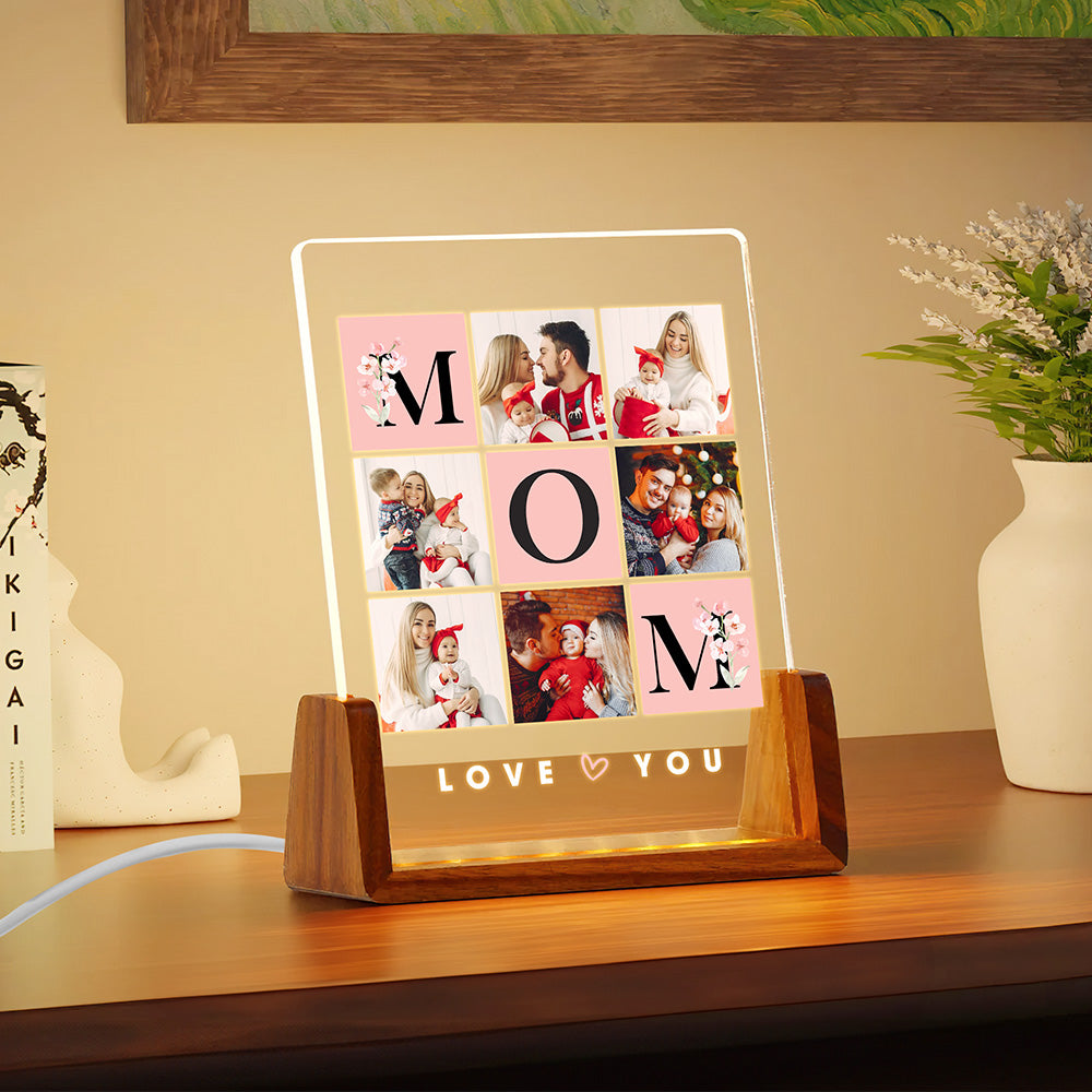 Luz de Noche LED Acrílica Personalizada Love You Mom con Base de Madera y Fotos Día de la Madre Día de Acción de Gracias Regalo de Cumpleaños para Mamá