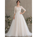 Bridal Wedding Dress White 1 2 Sleeve Long Scoop Ball-Gown Princess