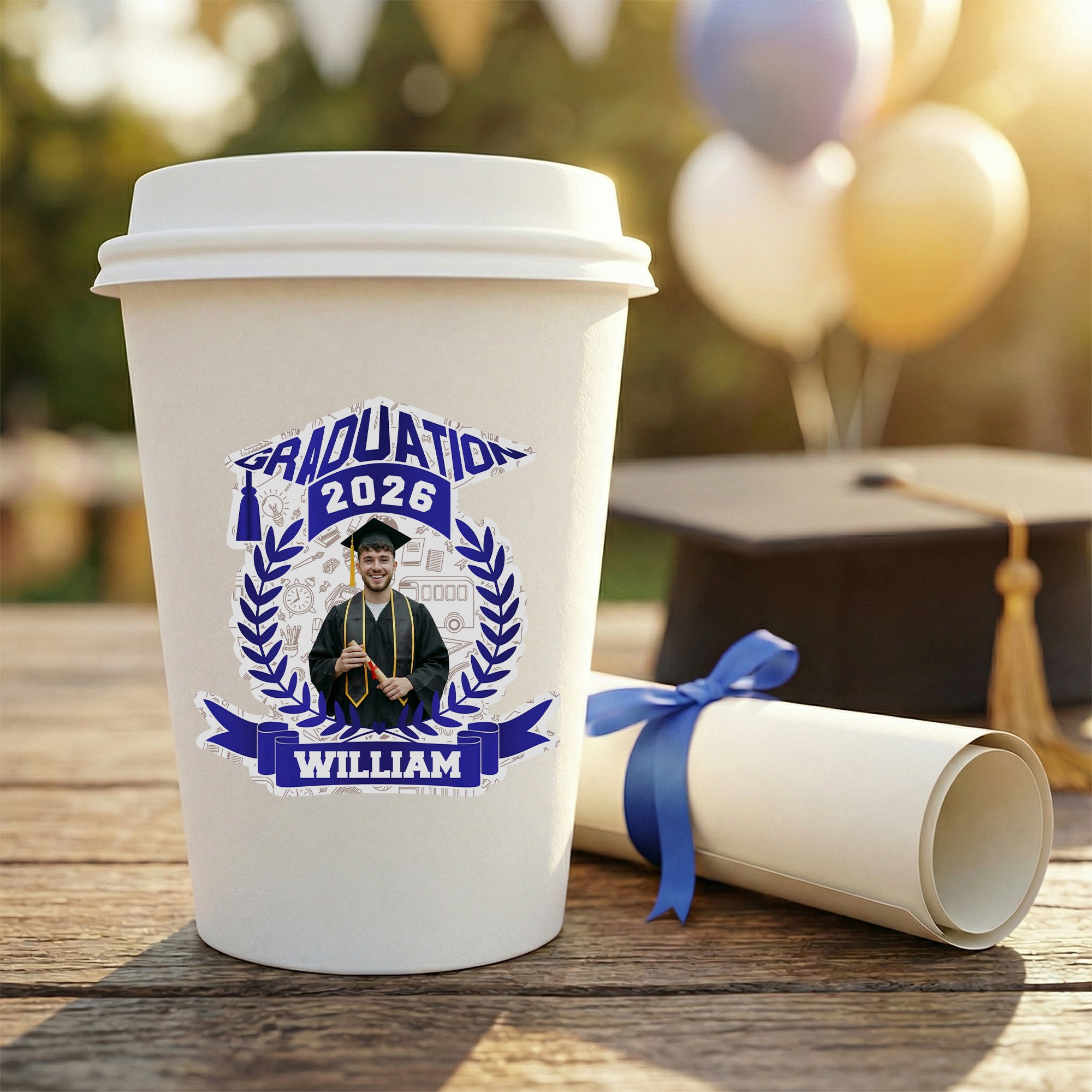 Pegatina impermeable personalizada con foto de graduación con nombre y año de uso del envase Regalo de graduación para graduados