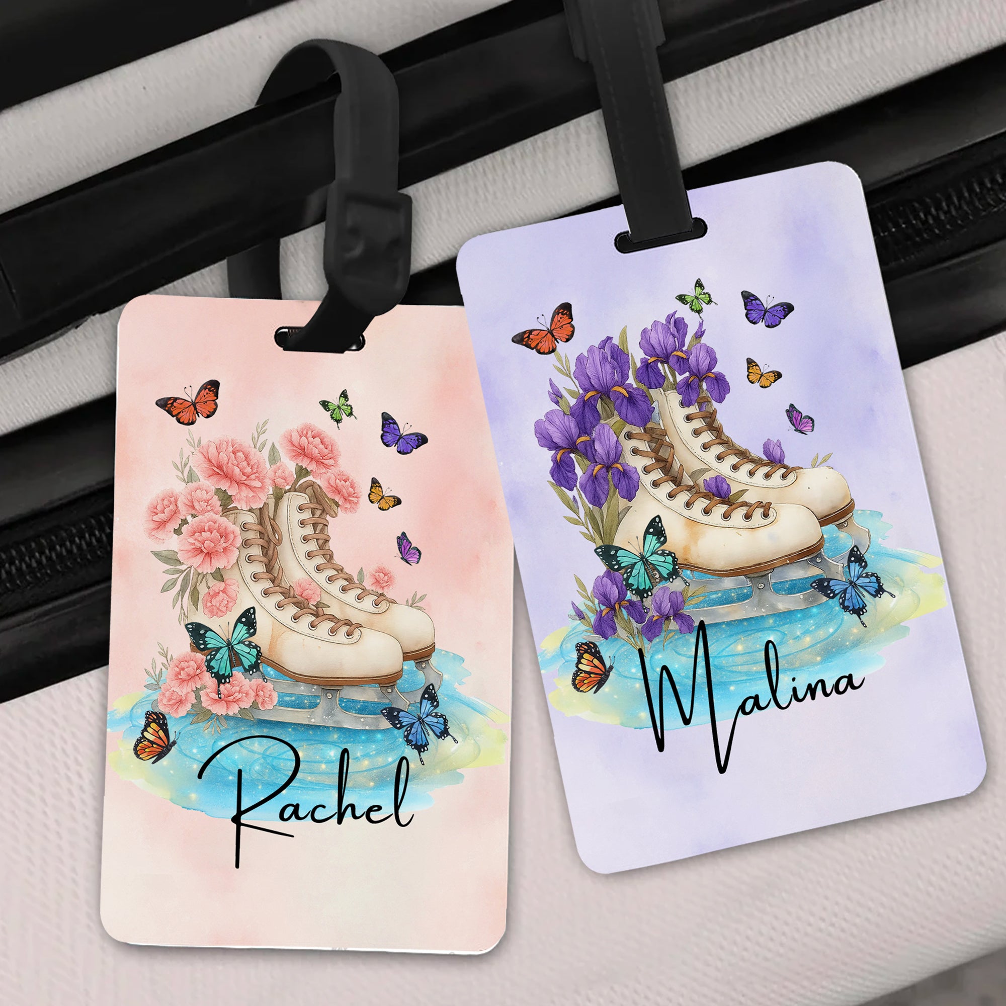 Nacimiento personalizado Flor Patinaje sobre hielo Etiqueta de equipaje con nombre Accesorios de viaje Regalo de cumpleaños para los amantes de los viajes Entusiastas del patinaje