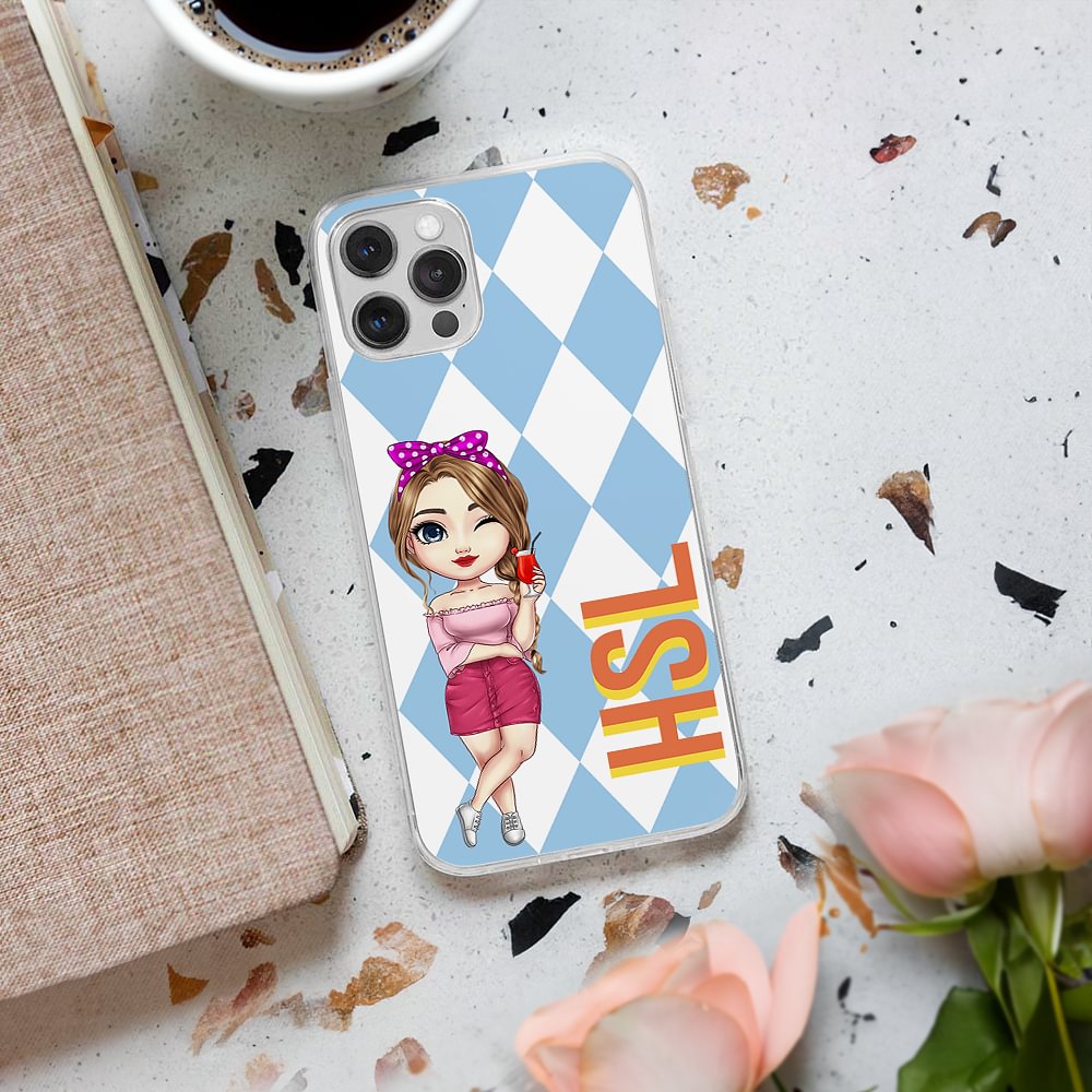 Personalizado Multicolor Sombra Monograma Caricatura Carcasa del teléfono del personaje para el iPhone con el nombre Regalo de cumpleaños para mujeres Hombres