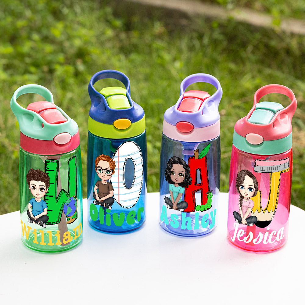 Botella de agua para niños de 16 oz con nombre y pajita Personalizada Cartoon Character Apple Pencil Initial Back to School Birthday Gift for Boys Girls