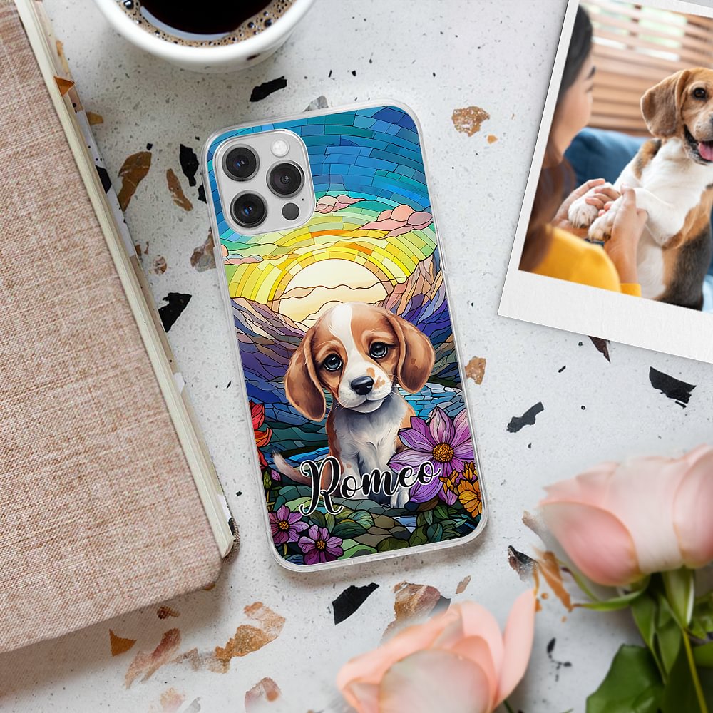 Funda personalizada de imitación de vidriera con retrato de gato y perro para iPhone con nombre Regalo de cumpleaños y aniversario para dueños de mascotas