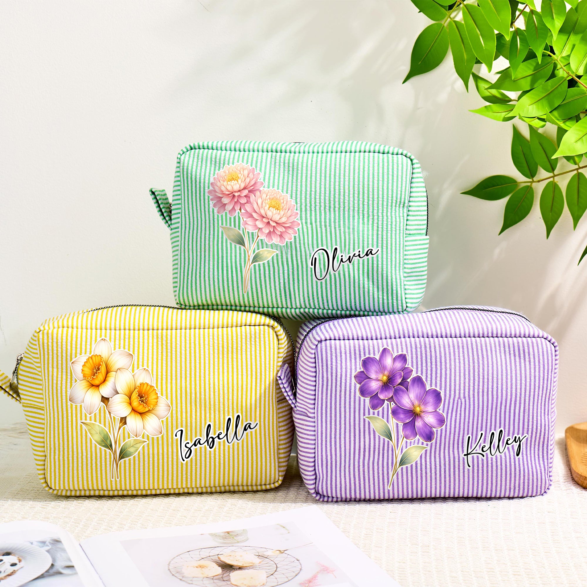 Personalizado Multicolor Nacimiento Flor Rayas Bolsa de Maquillaje con Nombre Viaje Diario Esencial Cumpleaños Regalo para Mujeres