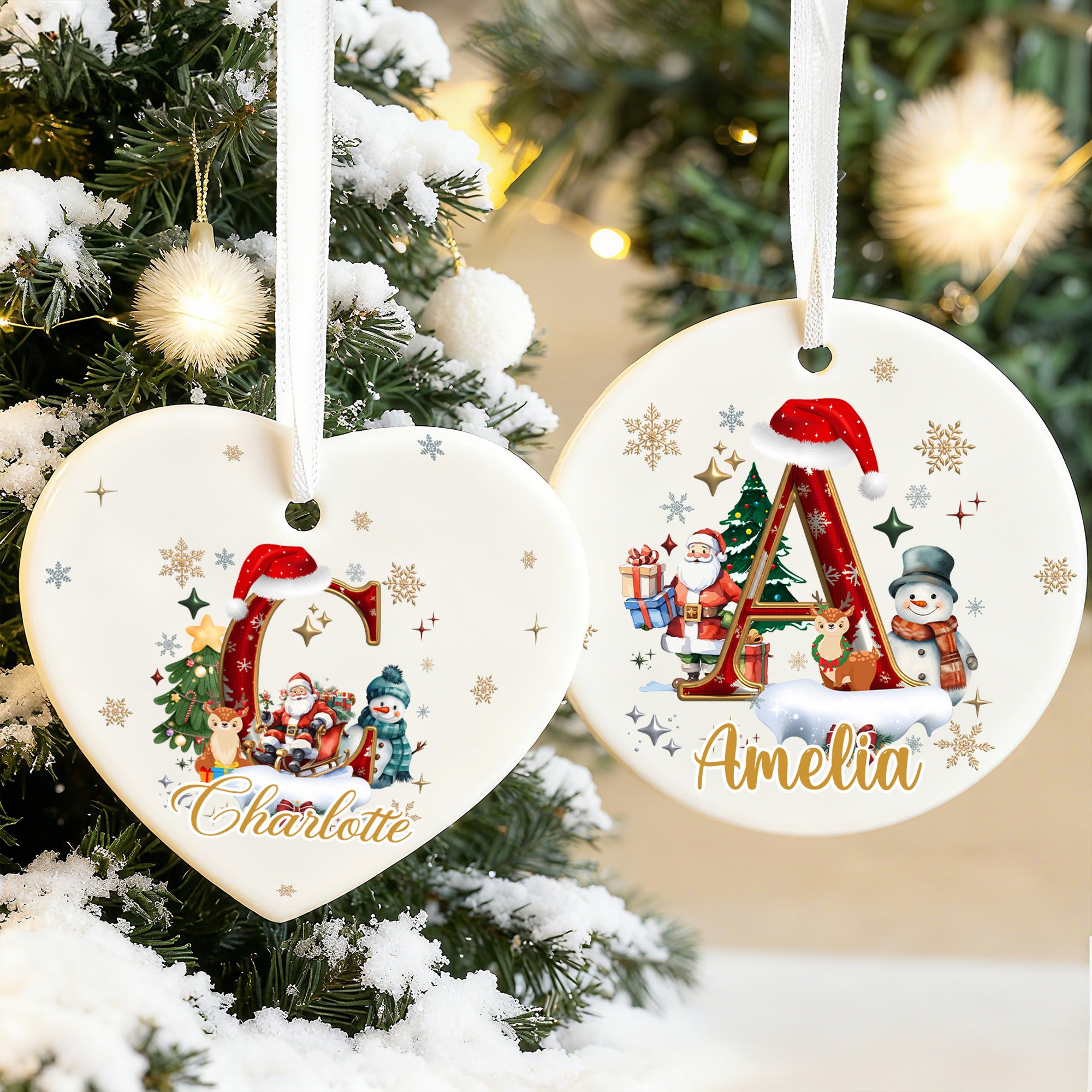 Personalizado lindo Santa Claus muñeco de nieve inicial de cerámica ornamento de Navidad con el nombre del árbol de decoración de Navidad de regalo para los amigos de la familia