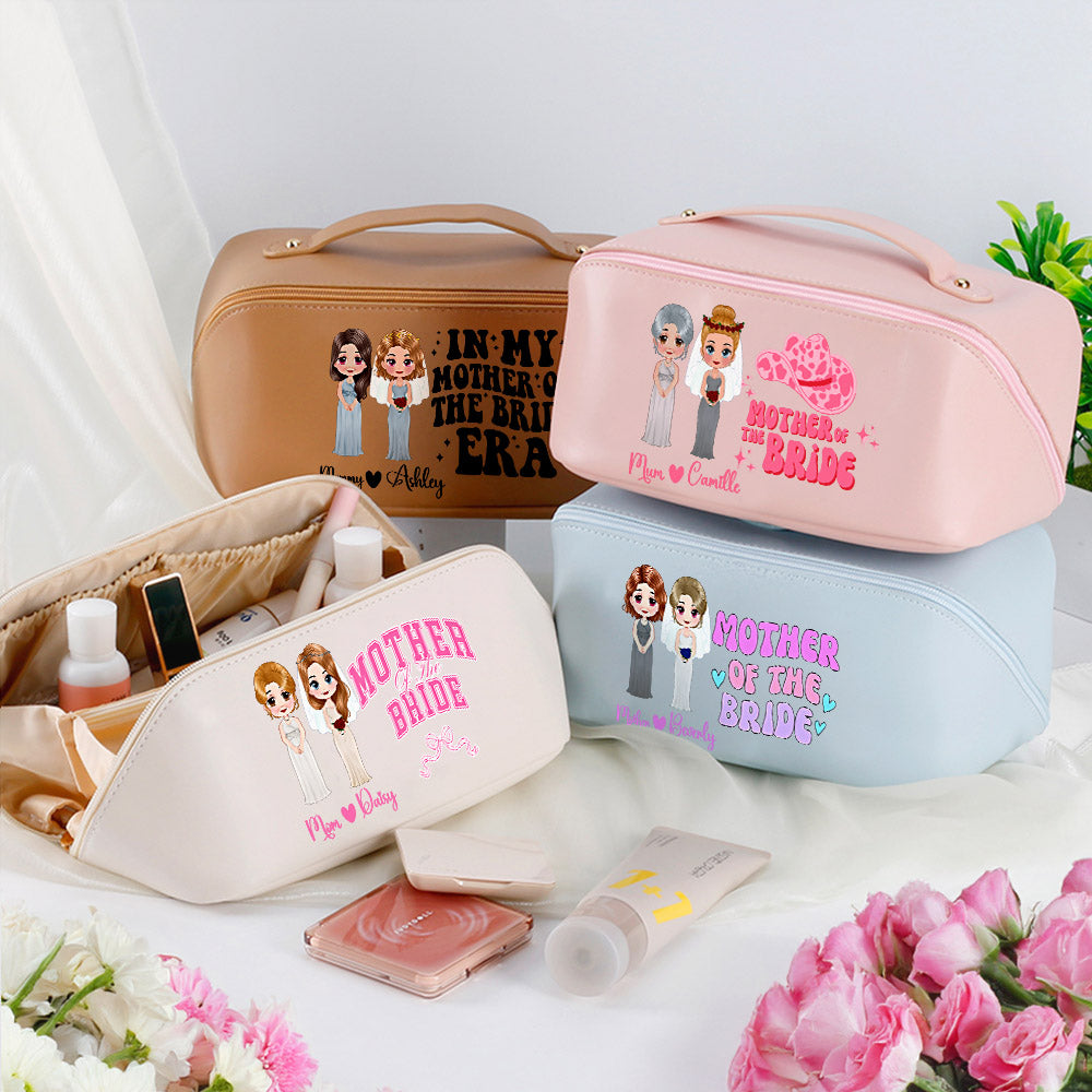 Personalizado de dibujos animados de la madre de la novia impermeable de cuero de la PU de ancho abierto bolsa de maquillaje con nombre portátil de viaje Essentials regalo de boda para mamá
