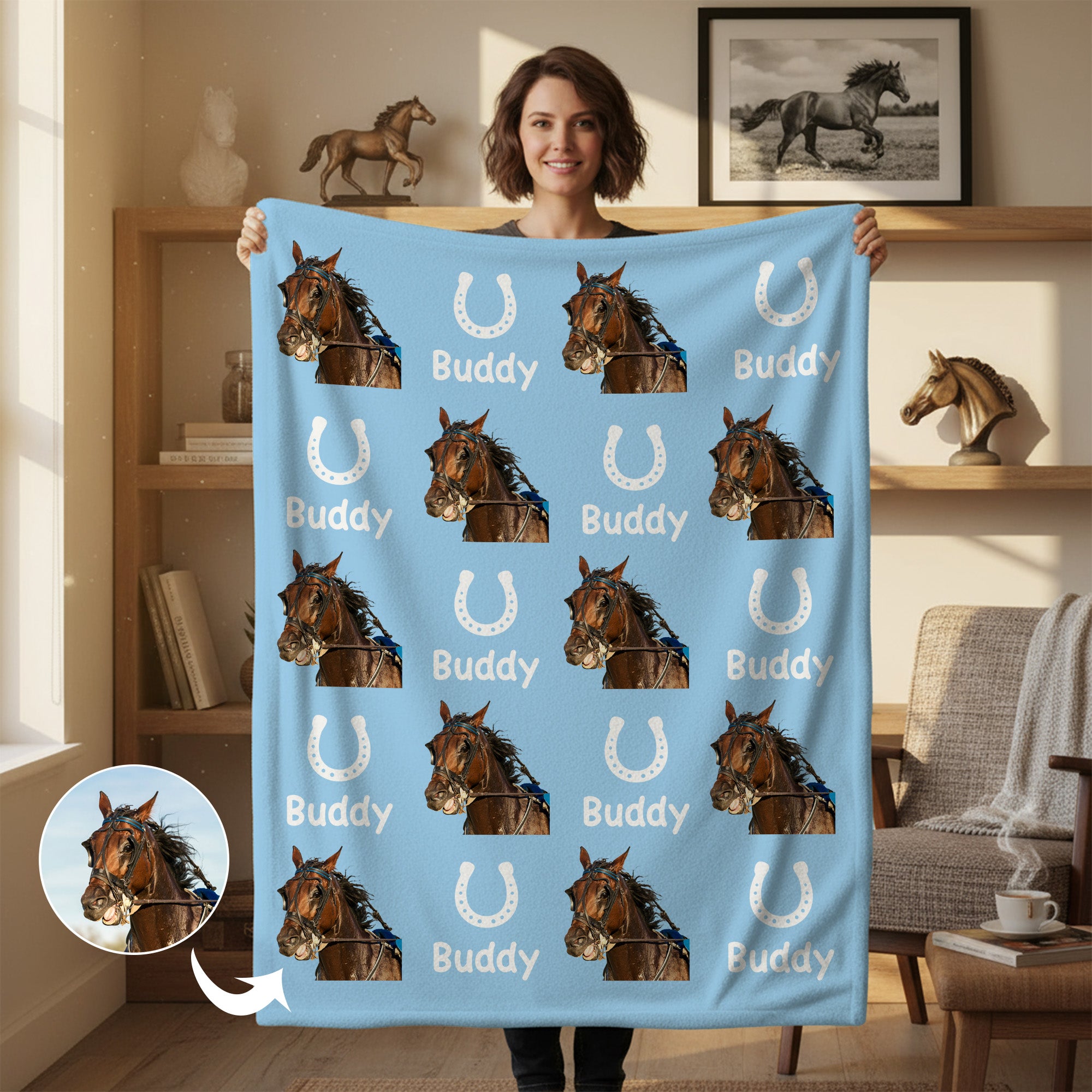 Herradura Personalizada Cara de Caballo Foto Multicolor Manta Suave con Nombre Cumpleaños Aniversario Regalo para Amante de los Caballos