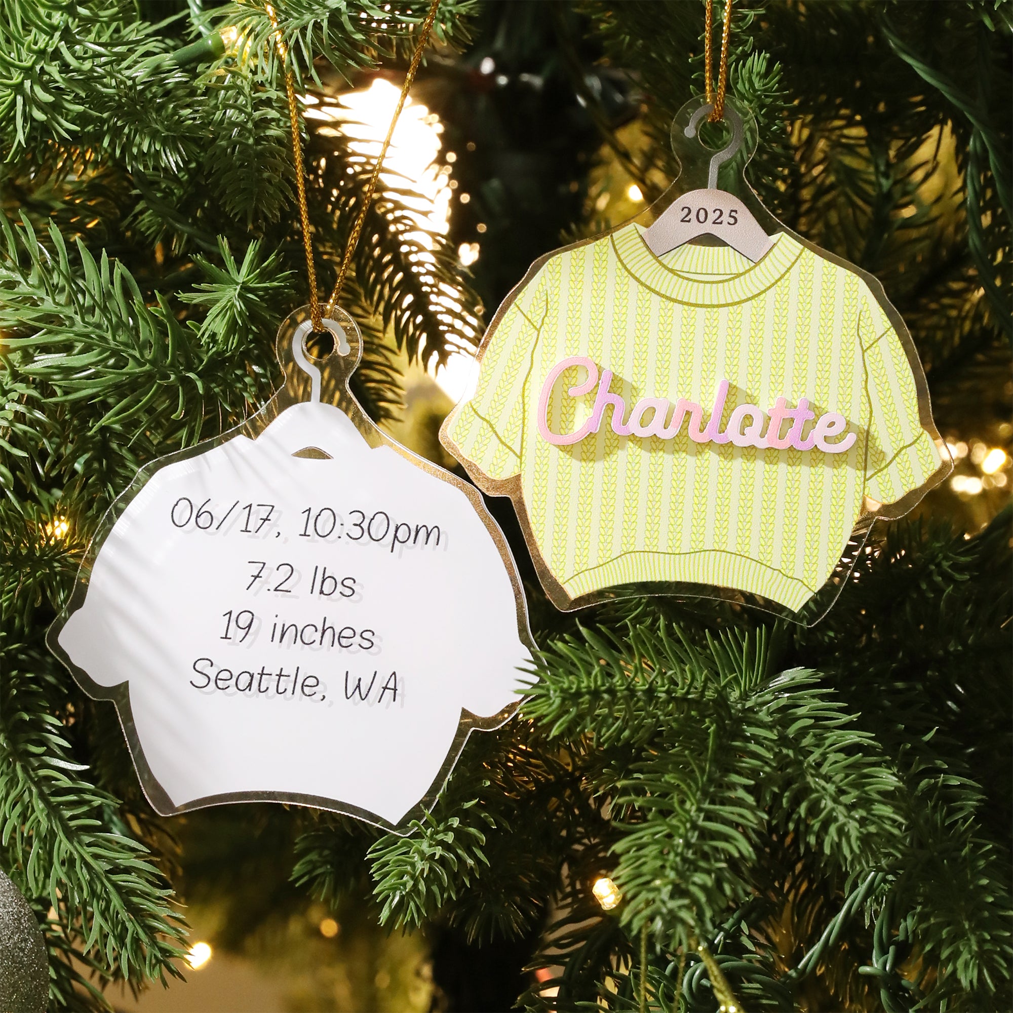 Adorno de acrílico de punto grueso personalizado con nombre e información de nacimiento Decoración del árbol de casa Primer regalo de Navidad del bebé para el nuevo bebé Nuevos padres