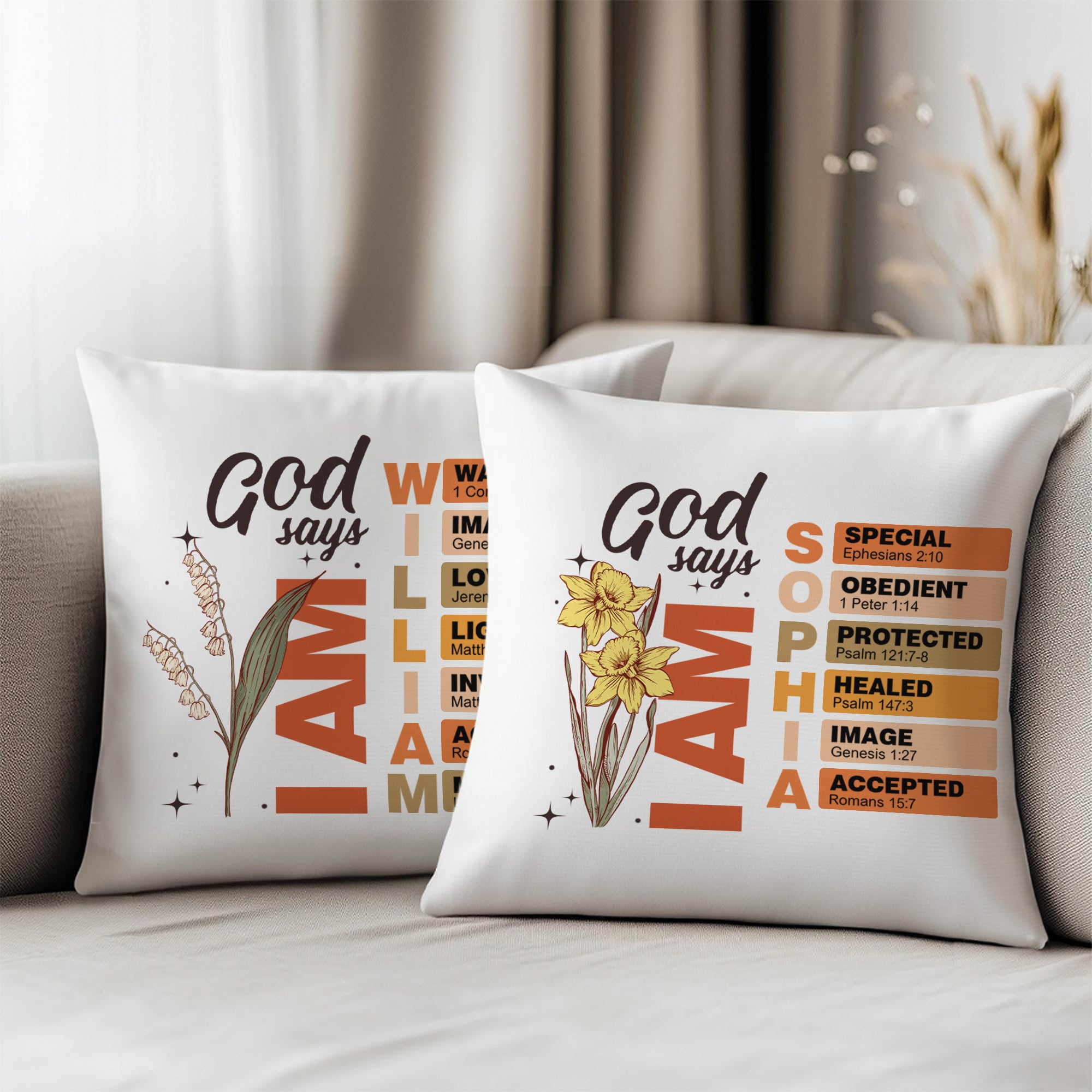 Personalizado Dios dice versículo de la Biblia Nacimiento Flor Suave Funda de Almohada con Nombre Decoración del Hogar Cumpleaños Navidad Regalo para Mujeres Cristianas