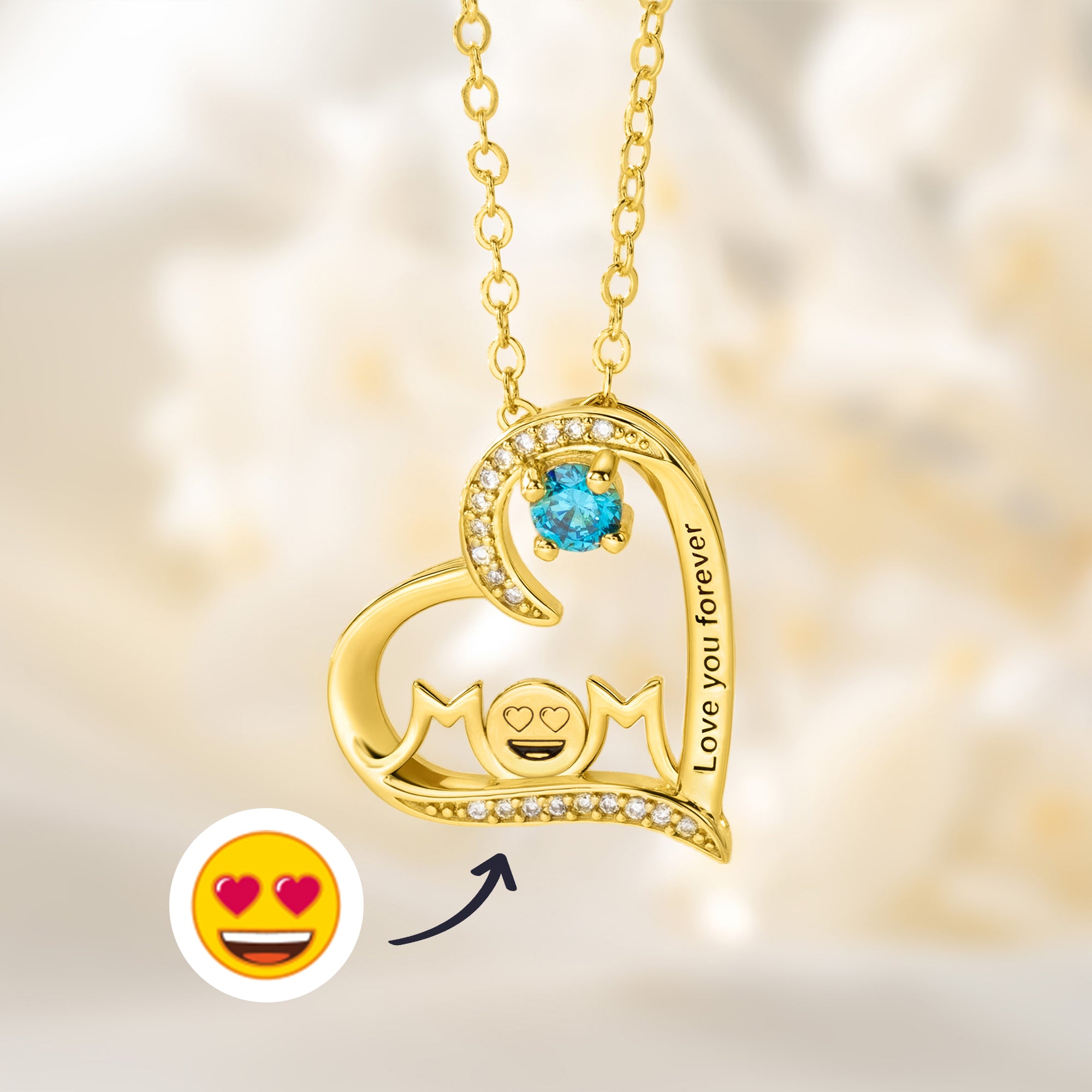 Personalizado corazón circonio contorno sonrisa emoji collar con piedra de nacimiento y texto grabado cumpleaños día de la madre regalo para mamá | Callie × emoji ™