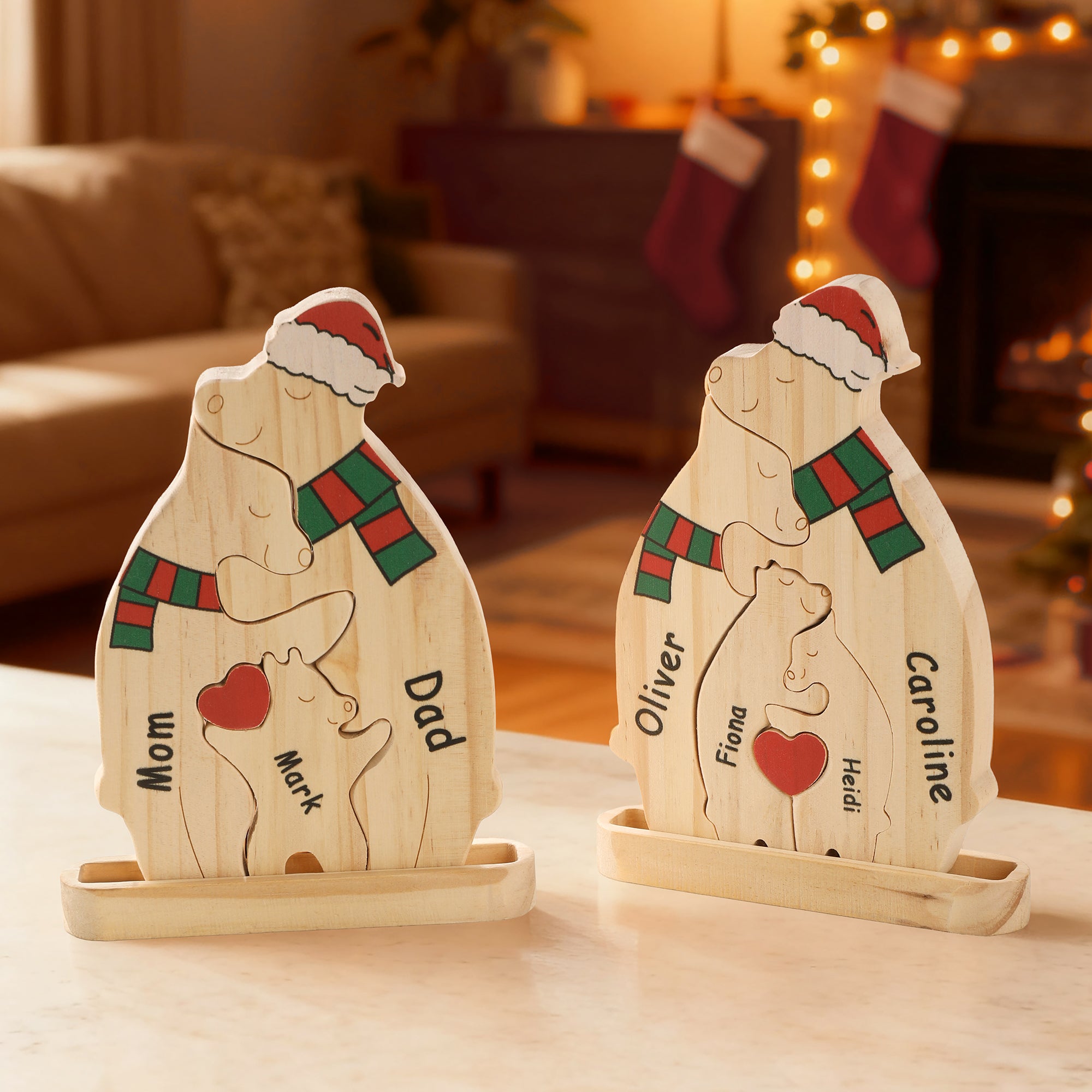 Sombrero de Navidad Personalizado de Madera Oso Familia Corazón Rojo Puzzle con 2-6 Nombres Decoración de Escritorio Navidad Cumpleaños Regalo para la Familia