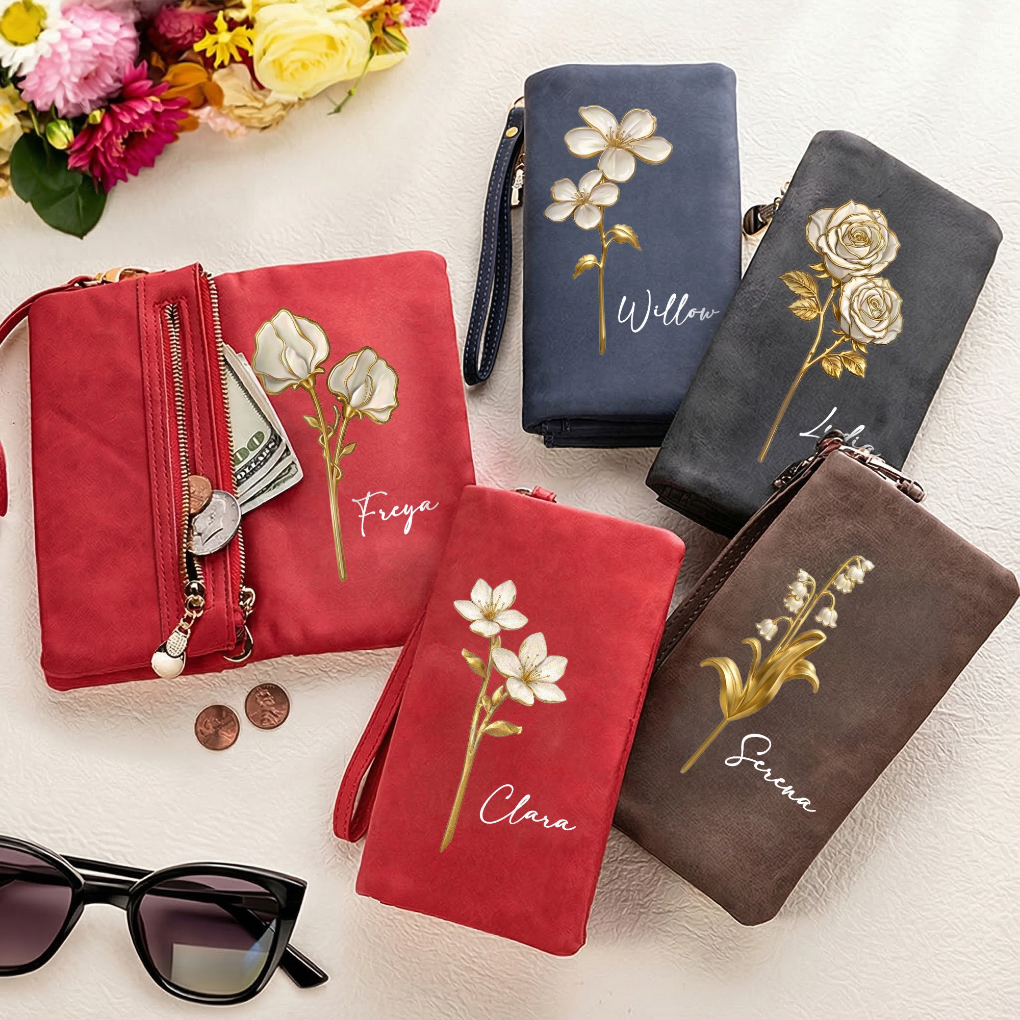 Personalizado Nacimiento Flor PU Cuero Plegado Pulsera Billetera con Nombre y Múltiples Ranuras para Tarjetas Cumpleaños Aniversario Regalo para Mujeres