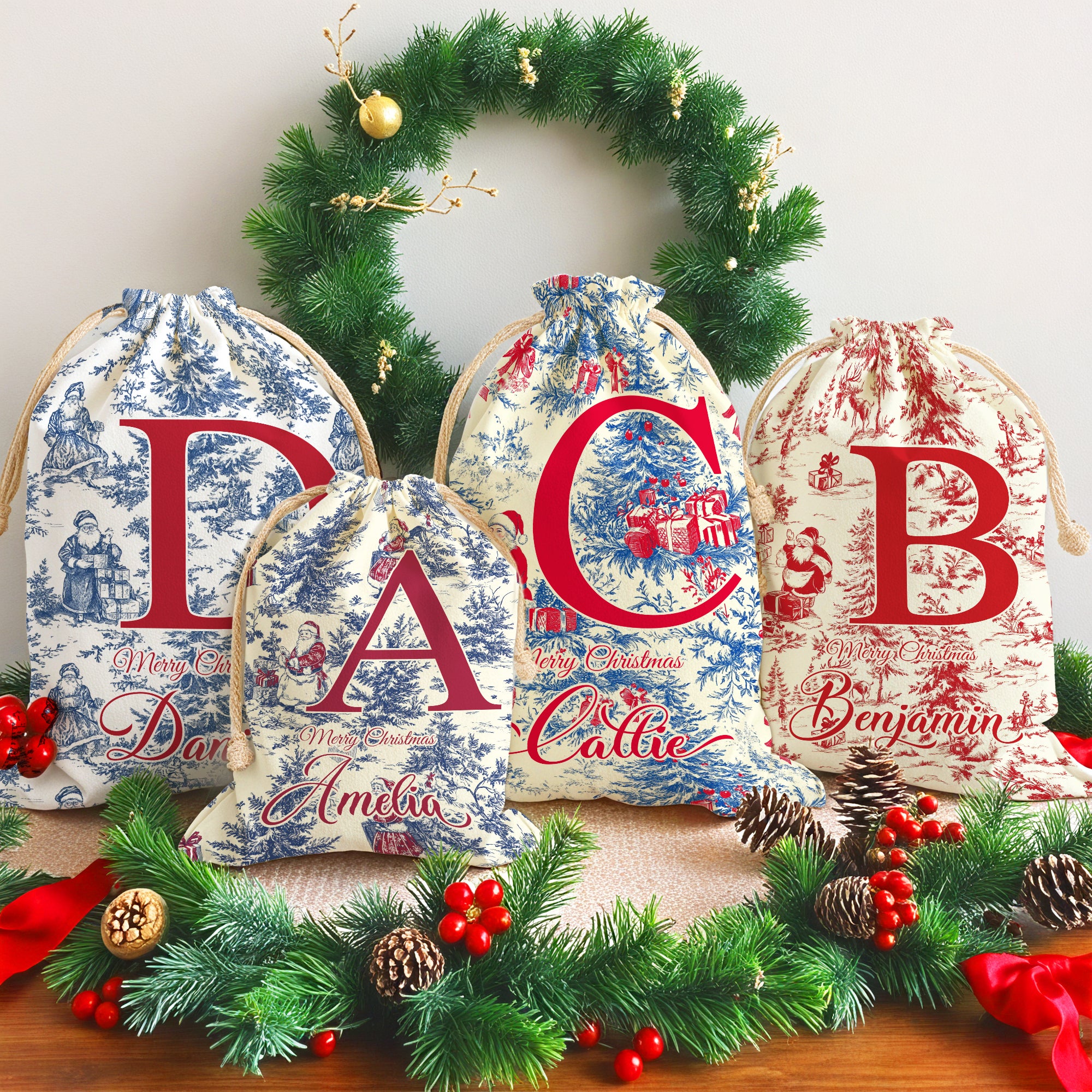 Personalizada Vintage Toile De Jouy Santa Claus Inicial Bolsa de regalo de lona con cordón con nombre Regalo de Navidad para la familia Amigos