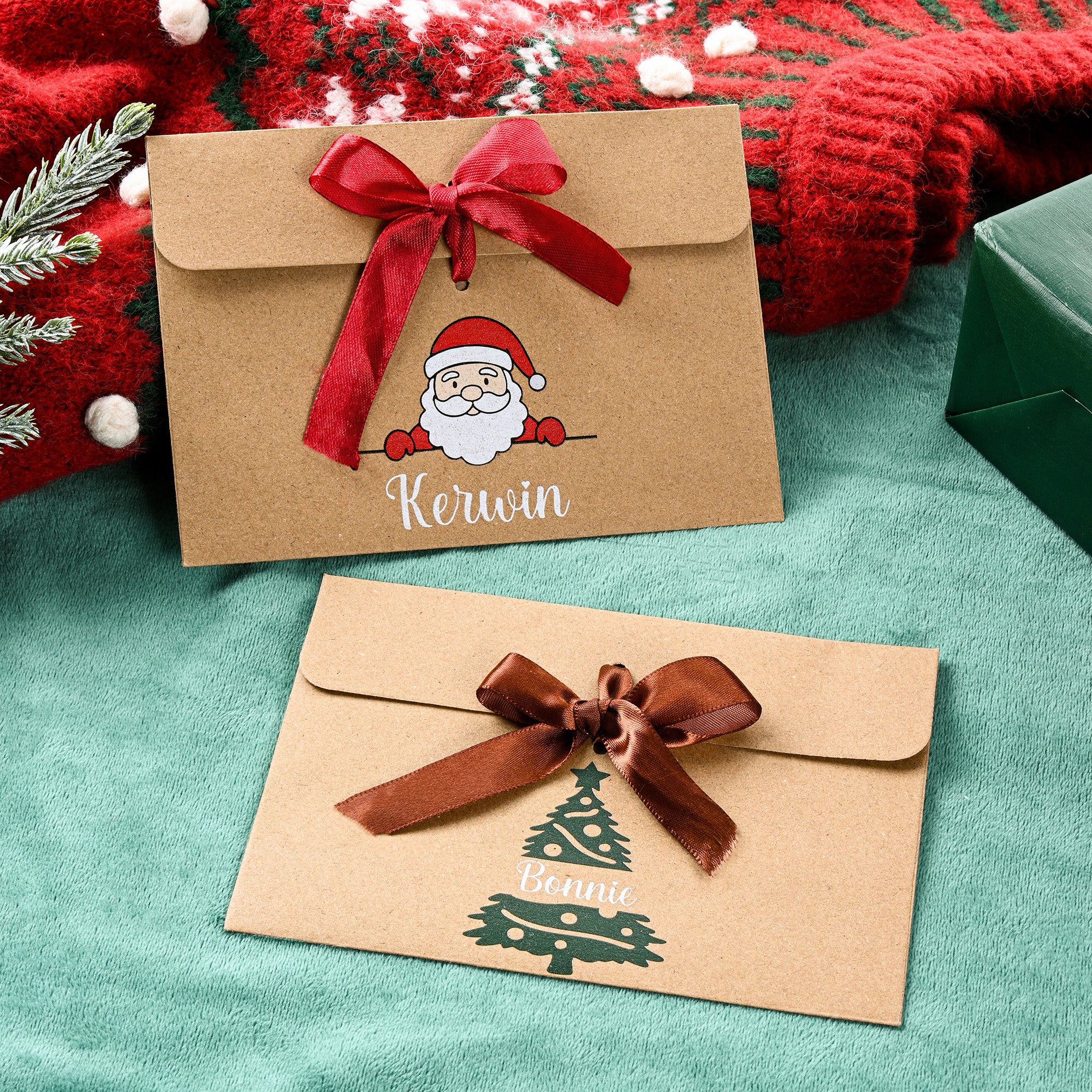Personalizado muñeco de nieve Santa Claus Árbol de Navidad 2 Pcs Dinero Sobre con la cinta y el nombre de Navidad Regalo para Niños Amigos
