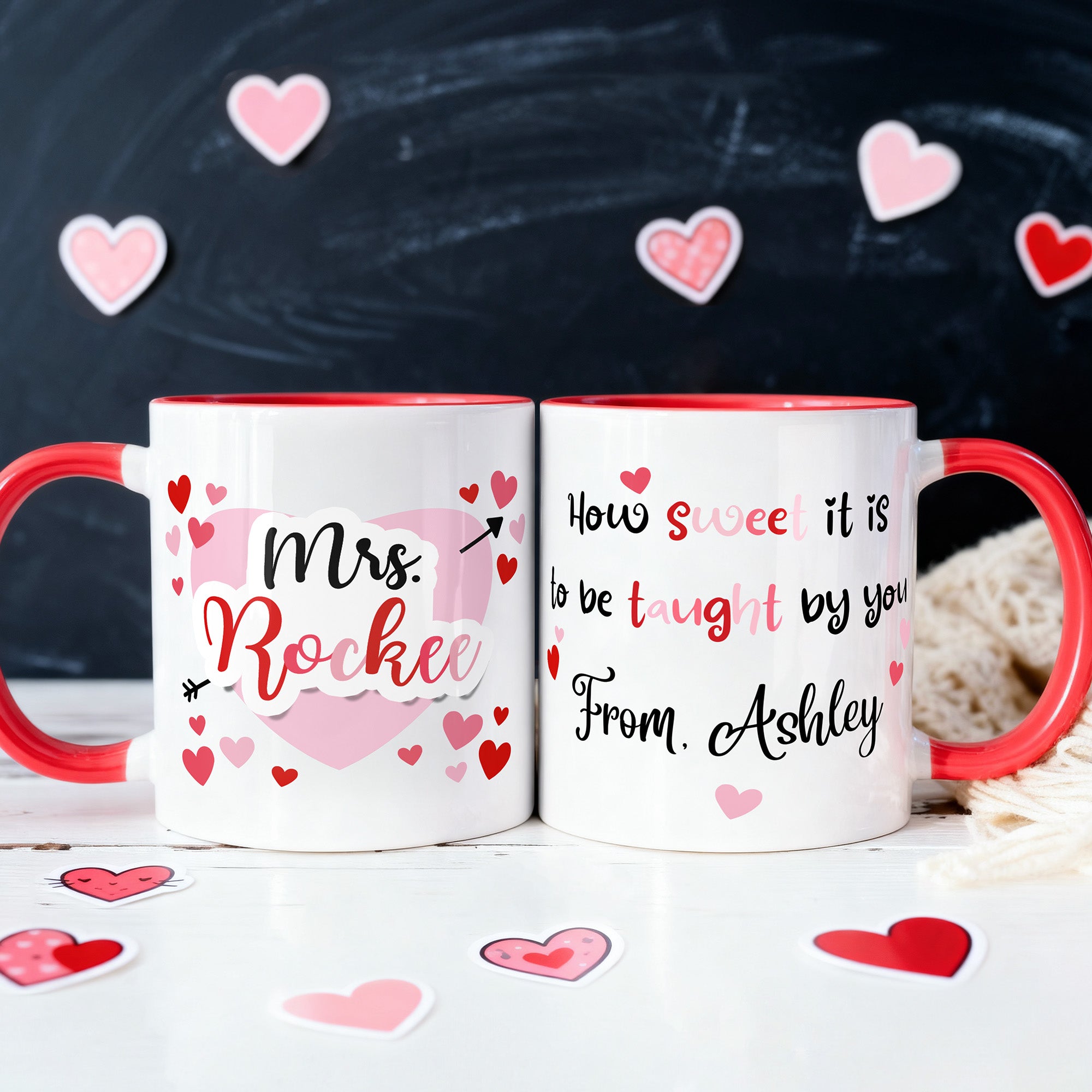 Taza de Cerámica Personalizada Pink Love Heart Arrow 11 oz 15 oz con Apellido Texto Cumpleaños Día del Maestro Regalo para Maestra
