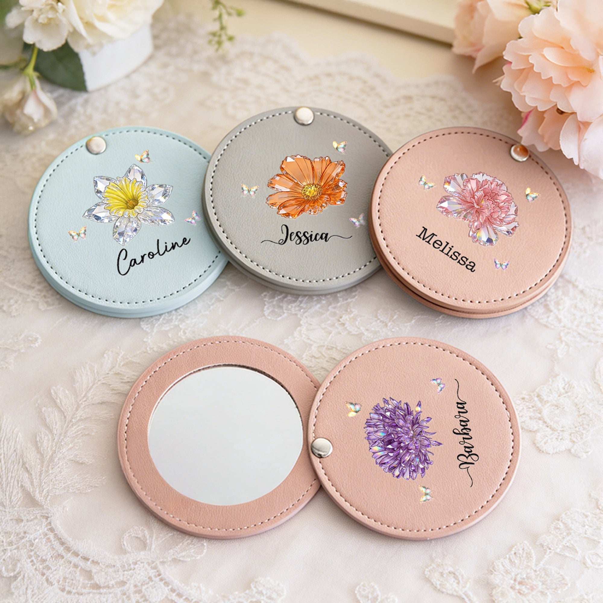 Personalizado Cristal Nacimiento Flor Mariposa PU Cuero Espejo de maquillaje con nombre Día de San Valentín Cumpleaños Aniversario de regalo para las mujeres