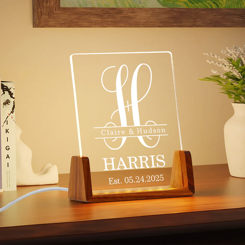 Lámpara de noche LED personalizada con iniciales en acrílico con base de madera y nombre Regalo Decoración para el hogar Aniversario de boda para recién casados