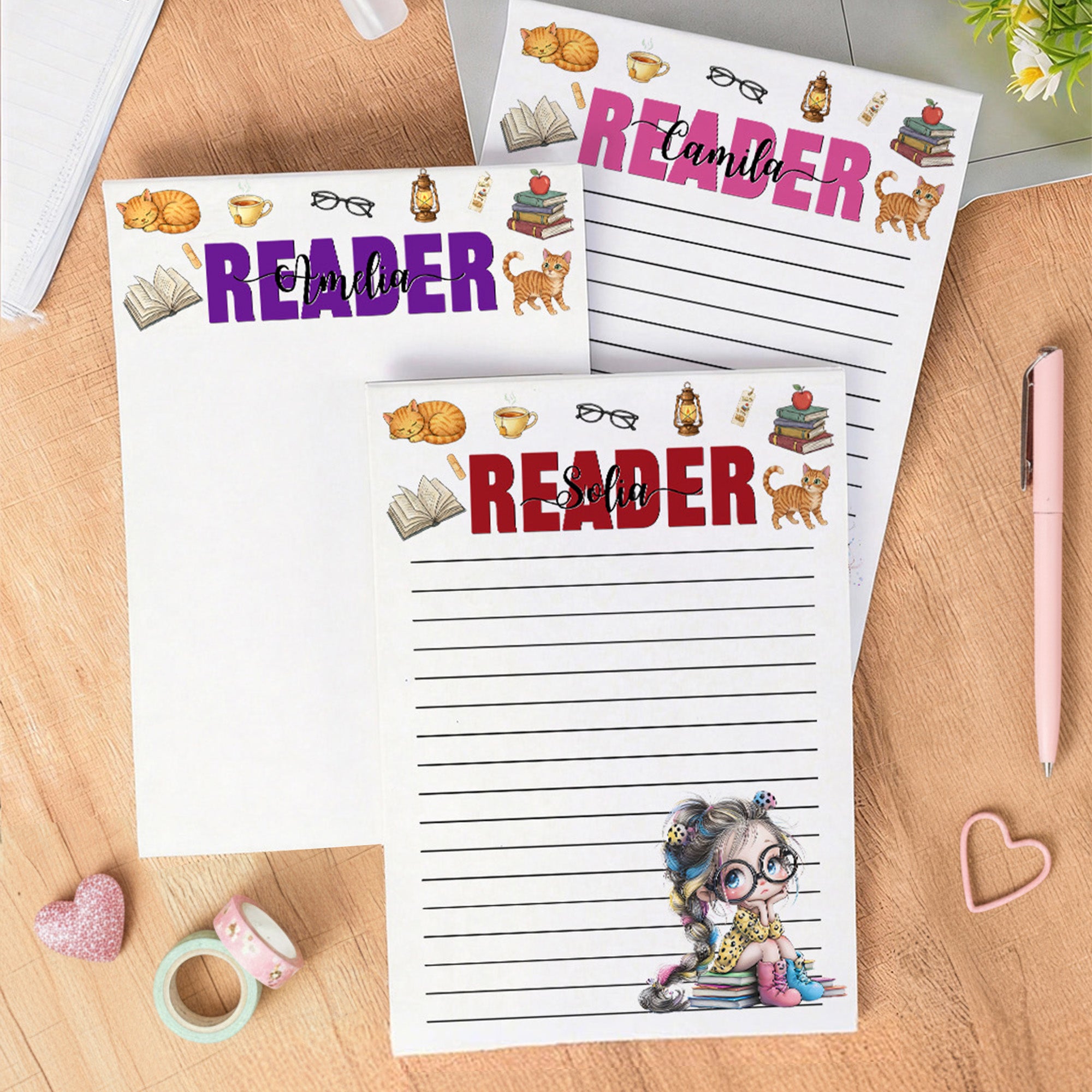 Bloc de notas personalizado con 40/80 páginas con el nombre y el texto de un personaje de dibujos animados que lee para niñas Regalo de cumpleaños para niñas estudiantes