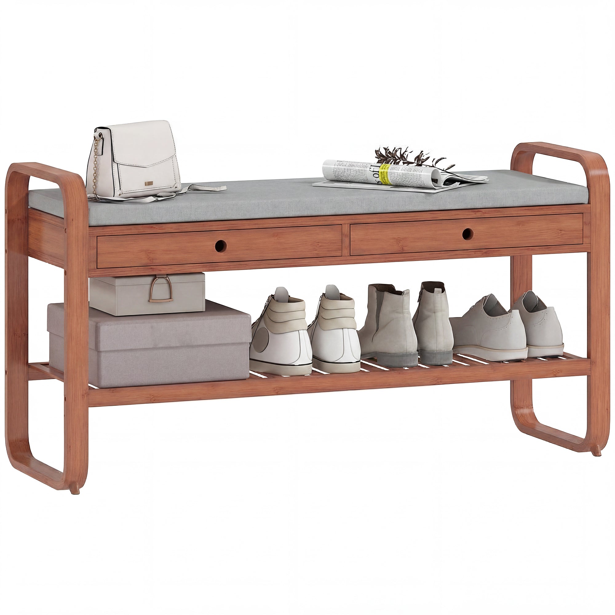 Shoe Bench with 2 Drawers, Cushioned Seat and Shelf, Bamboo Frame, 105 x 33.2 x 55 cm, Dark Brown and Grey