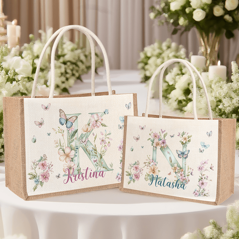 Personalizada Acuarela Floral Mariposa Inicial Reutilizable Bolsa de Yute con Nombre Boda Ducha Nupcial Cumpleaños Regalo para Novias Damas de Honor Mujeres