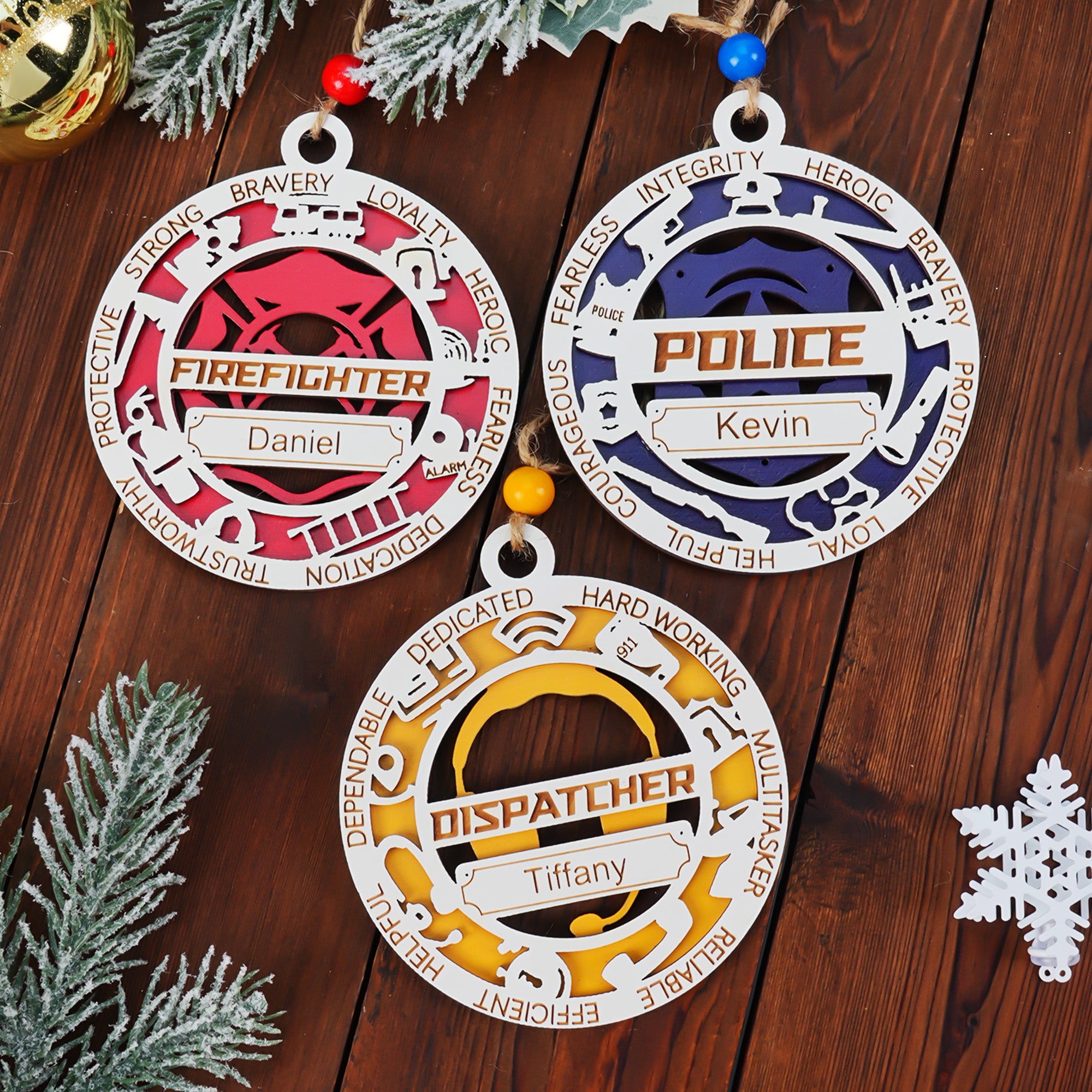 Adorno personalizado con nombre para primeros auxilios Policía Bombero Despachador Sheriff Decoración para el hogar Regalo de Navidad para socorristas Voluntarios