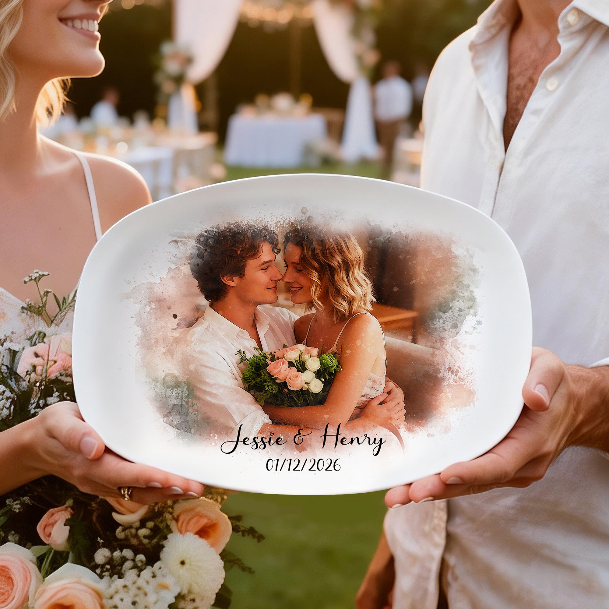 Acuarela Personalizada Pareja Foto Plato Decorativo con Soporte y Texto Housewarming Día de San Valentín Boda Cumpleaños Regalo para Novia Novio