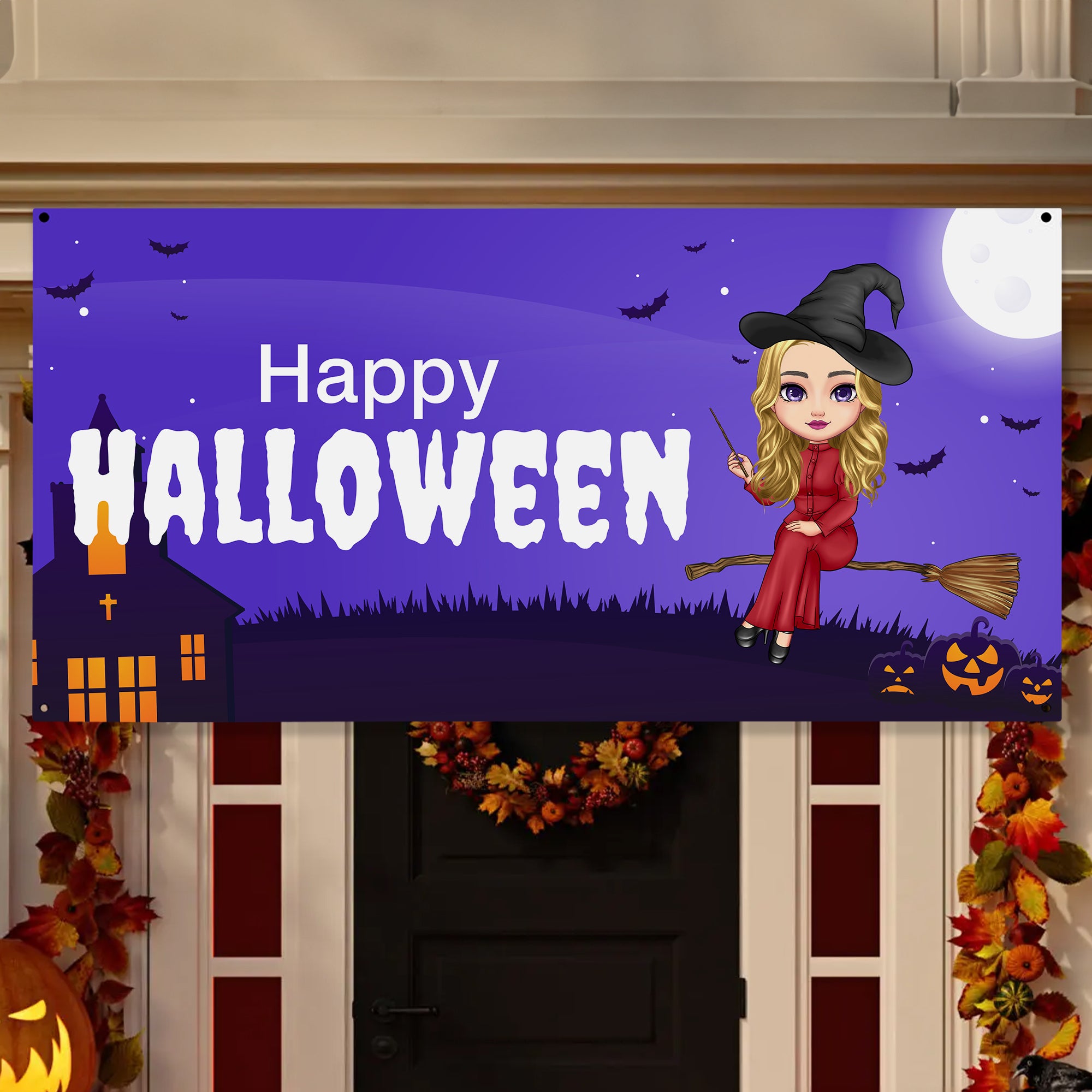 Banderola personalizada de bruja de dibujos animados con nombre y texto Decoración para fiesta de Halloween Regalo espeluznante para mujeres amigas