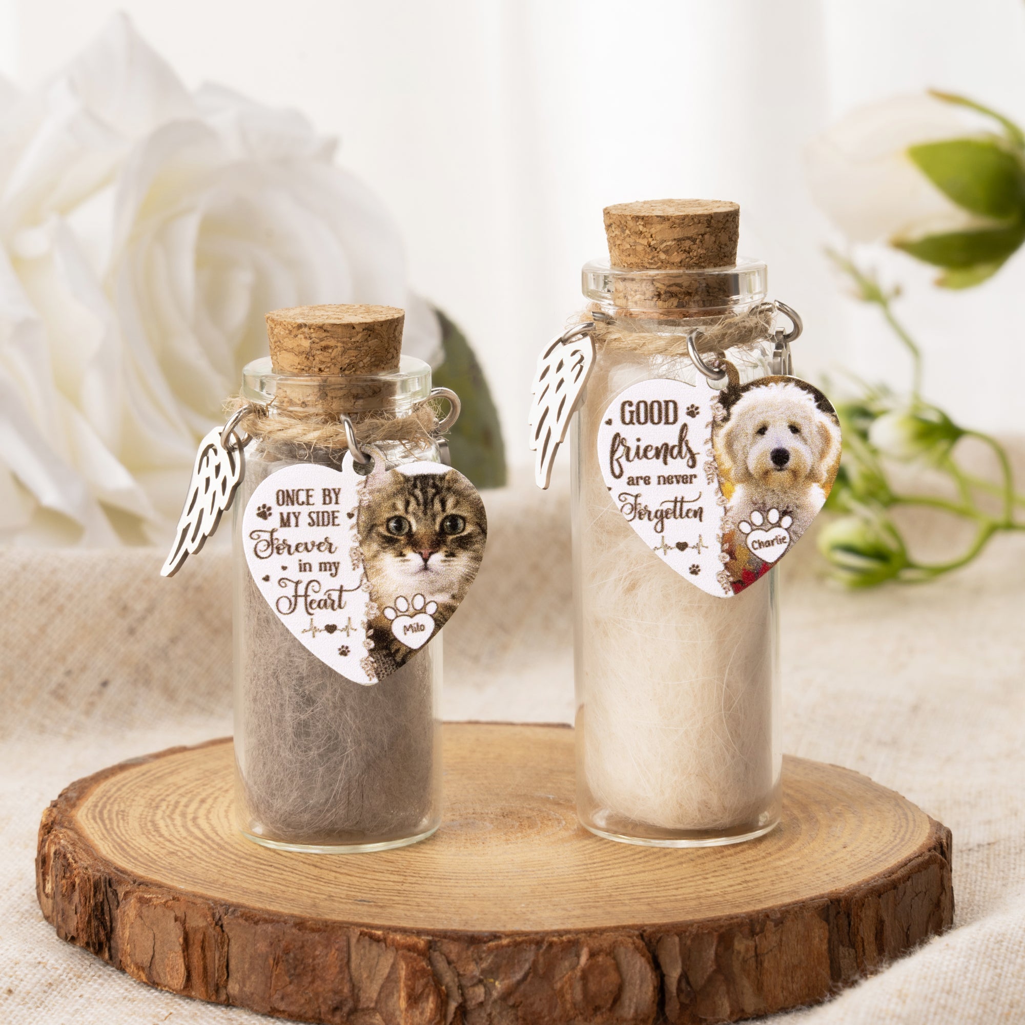 Etiqueta personalizada con foto en forma de corazón Botella para guardar pelo de mascota con nombre Simpatía Regalo conmemorativo por la pérdida de una mascota