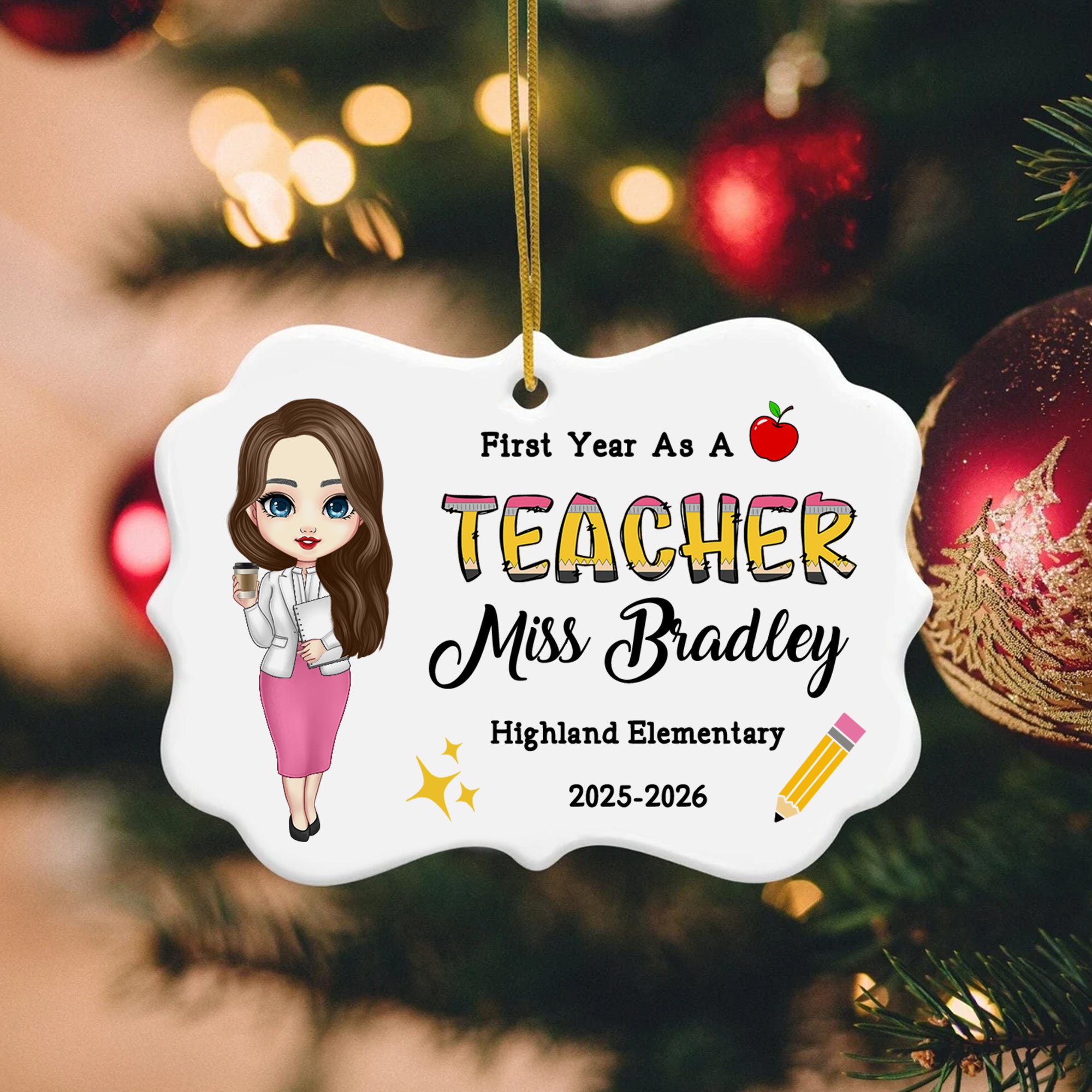 Personalizada de dibujos animados Profesor personaje de cerámica Ornamento con el apellido de texto y el año de decoración del árbol de casa Regalo de Navidad para el Maestro