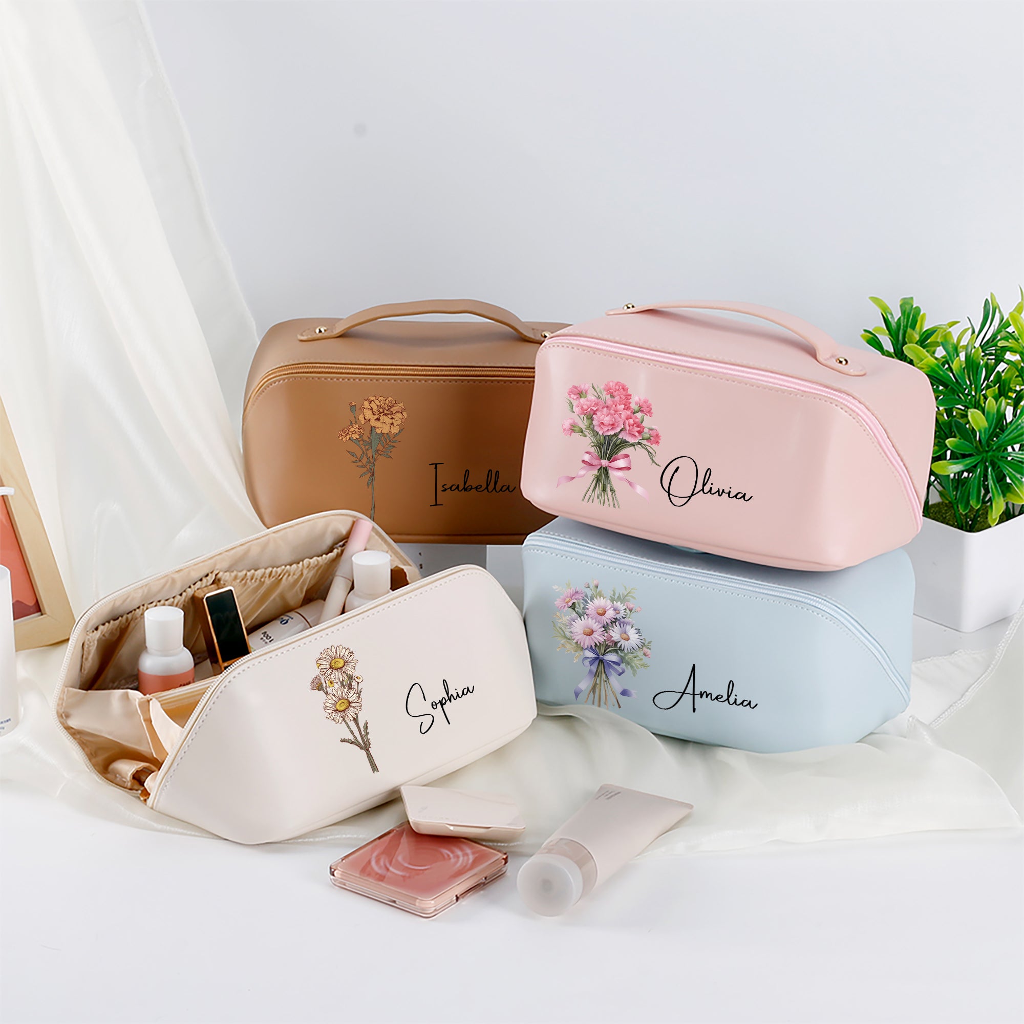 Personalizado Nacimiento Flor Multi Compartimento PU Cuero Bolsa de Maquillaje con Nombre Viaje Esencial Cumpleaños Regalo para Hermanas Amigos