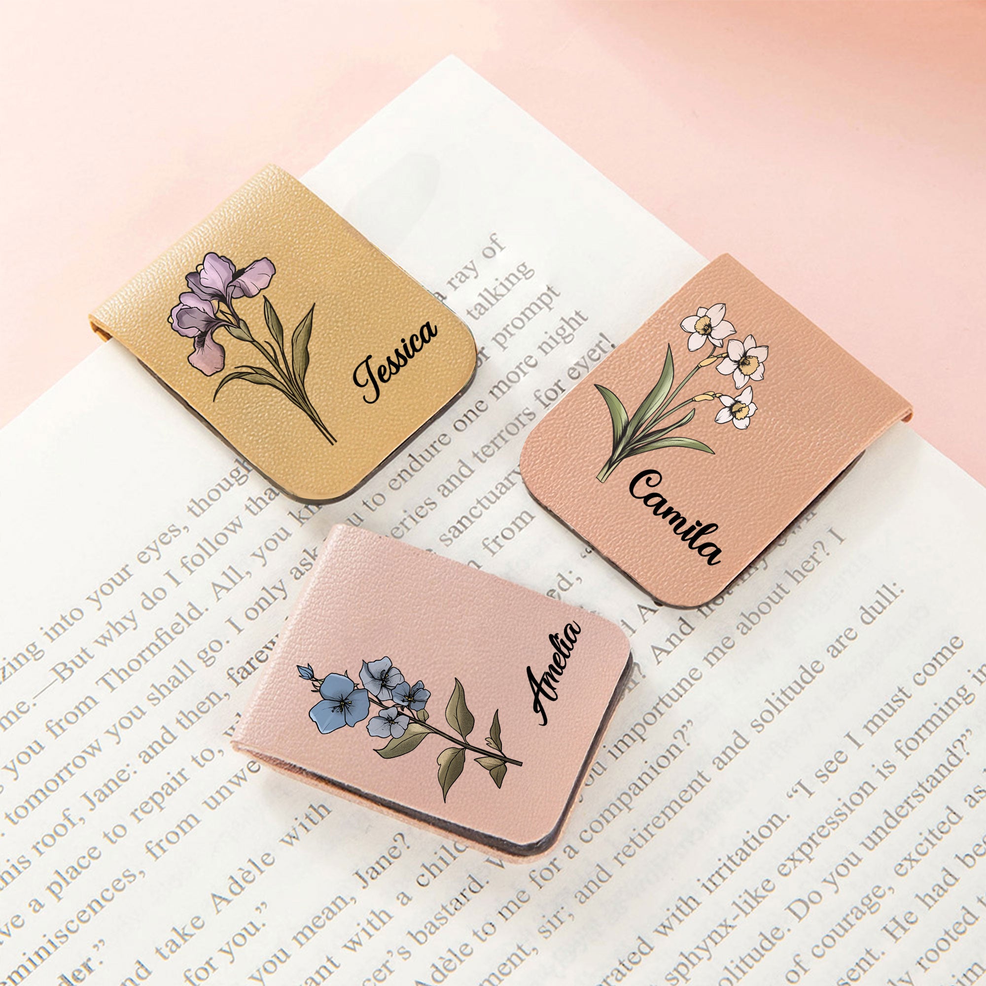 Personalizado Retro Acuarela Estilo Nacimiento Flor Multicolor Magnético PU Cuero Marcapáginas Clip con Nombre Lectura Cumpleaños Regalo para los ratones de biblioteca