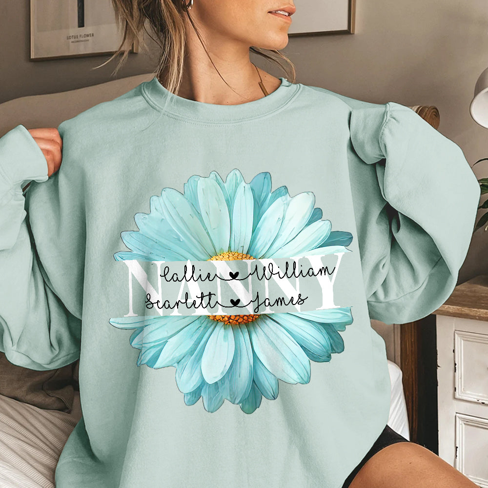 Sudadera Personalizada Azul Claro Corazón de Margarita Camiseta con 1-8 Nombres Cumpleaños Día de la Madre Regalo para Mamá Abuela