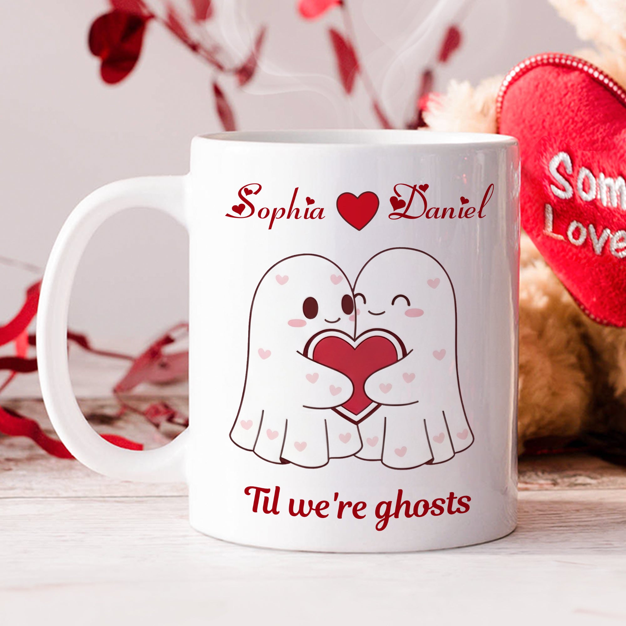Personalizada de dibujos animados Pareja Fantasmas 11 oz 15 oz Taza de cerámica con nombres de uso diario Día de San Valentín Cumpleaños Aniversario de regalo para la pareja