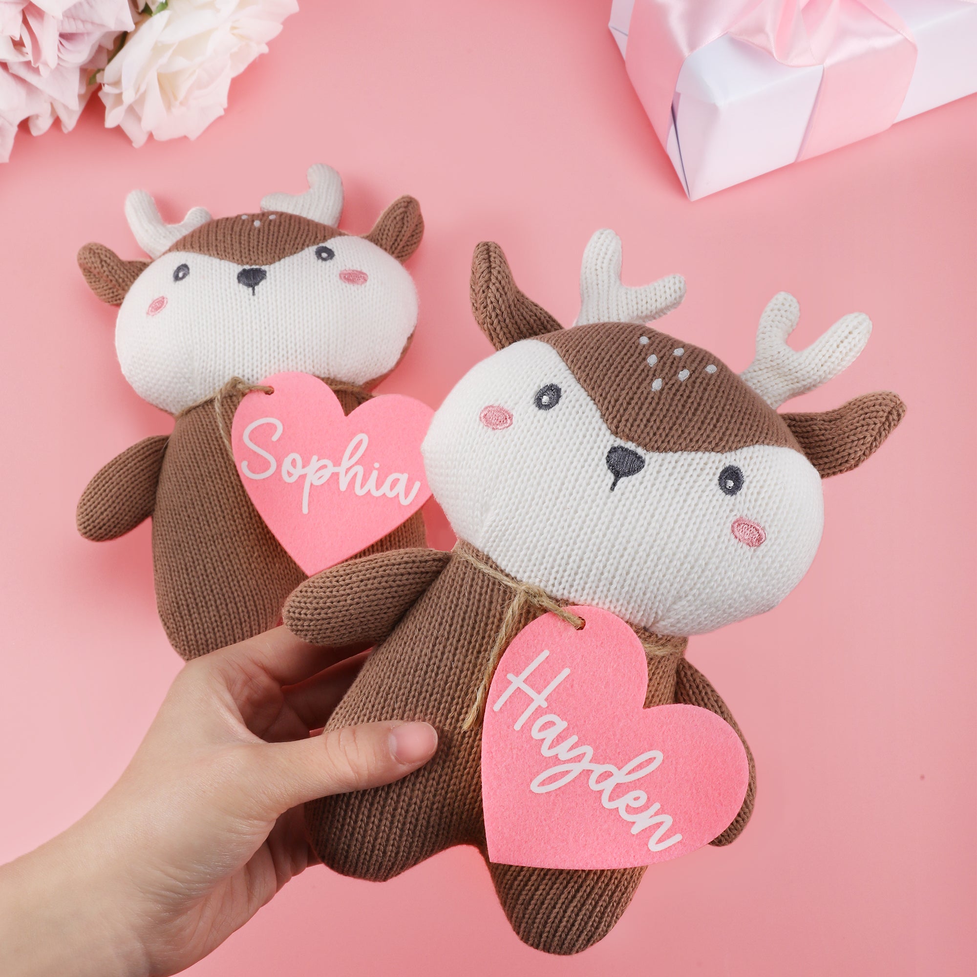 Corazón personalizado lindo ciervo suave peluche con nombre Día de San Valentín cumpleaños regalo para niños pequeños