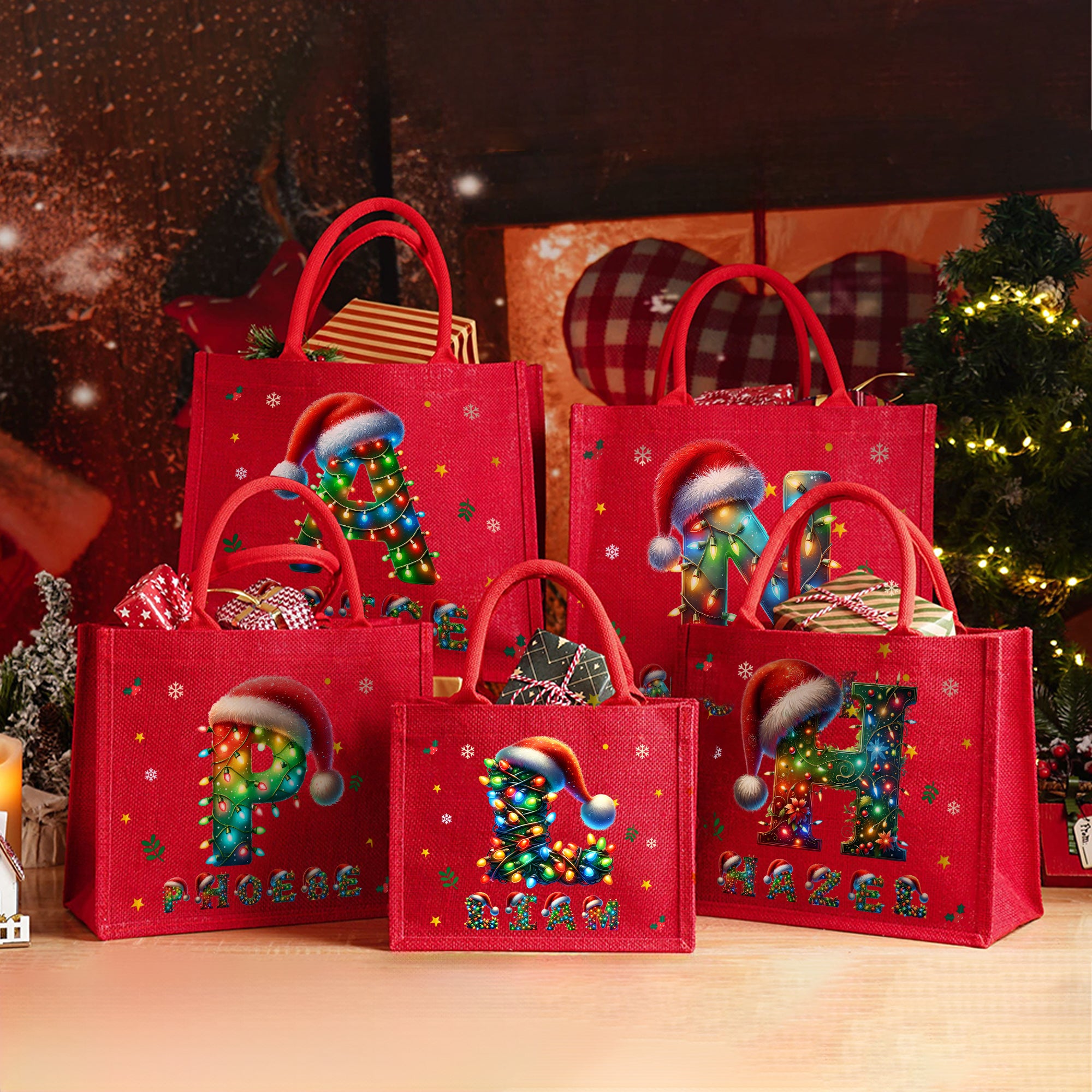 Gorro de Papá Noel personalizado Luces de colores Bolsa de yute roja reutilizable con inicial y nombre Fiesta de Navidad Regalo para la familia Niños