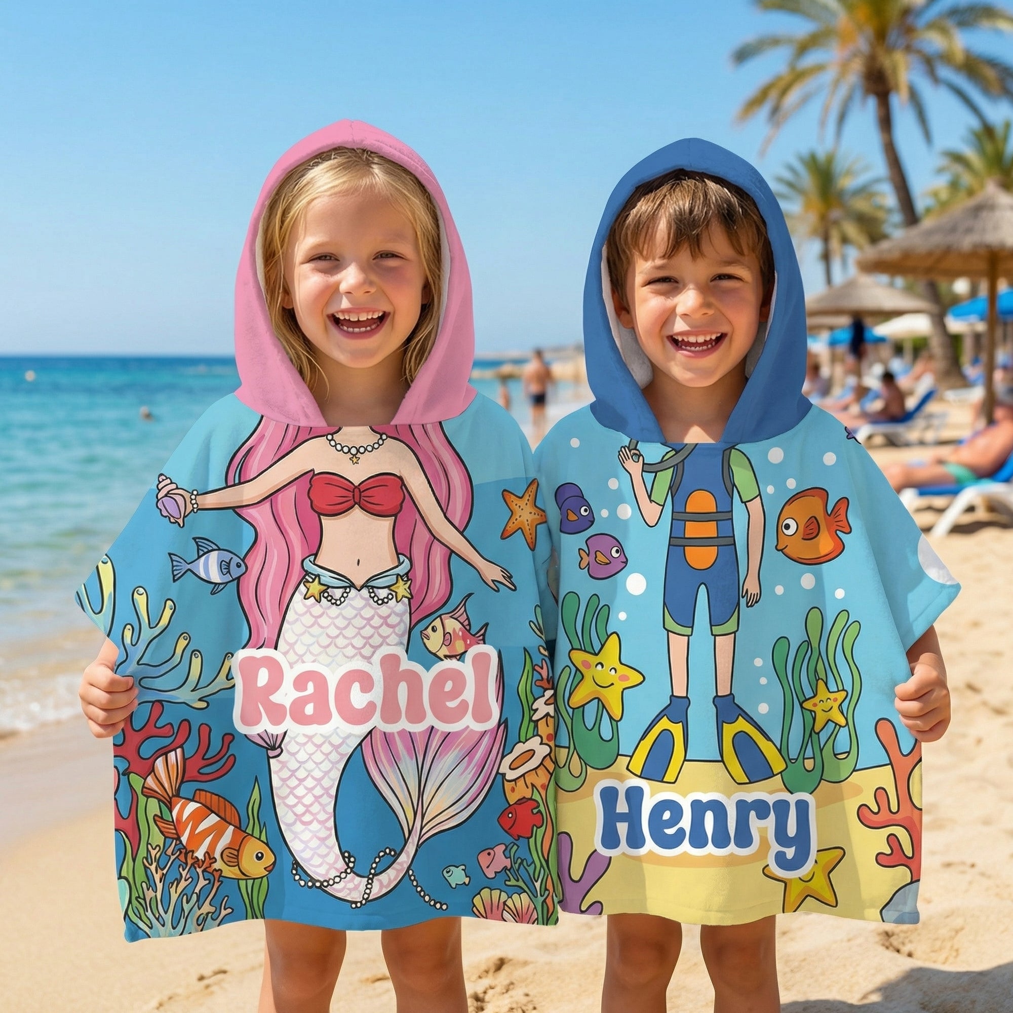 Personalizada Princesa Sirena Dinosaurio Buceador Secado Rápido Toalla de Playa con Capucha y Nombre Accesorios de Playa para Piscina Regalo de Cumpleaños para Niños Niñas