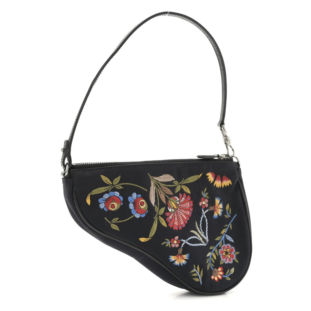 Christian Dior Satin Embroidered Floral Mini Saddle Pochette Bag Black
