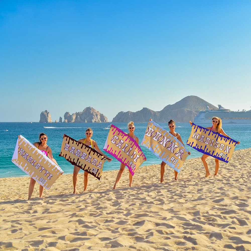 Toalla de playa de gran tamaño, de secado rápido, con nombre y número, con diseño personalizado de bola de helado para viajes de verano Regalo de cumpleaños para amantes del deporte