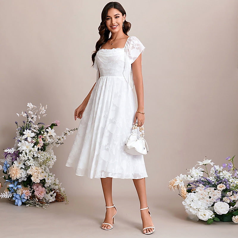 Bridal Wedding Dress White Flutter Sleeve Short Cowl A-line Chiffon