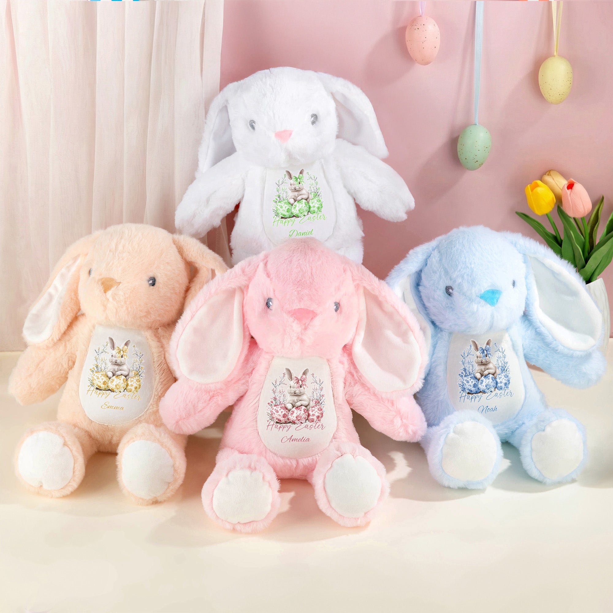 Conejito de Pascua de peluche personalizado con nombre en acuarela floral Regalo de Pascua para recién nacidos y niños