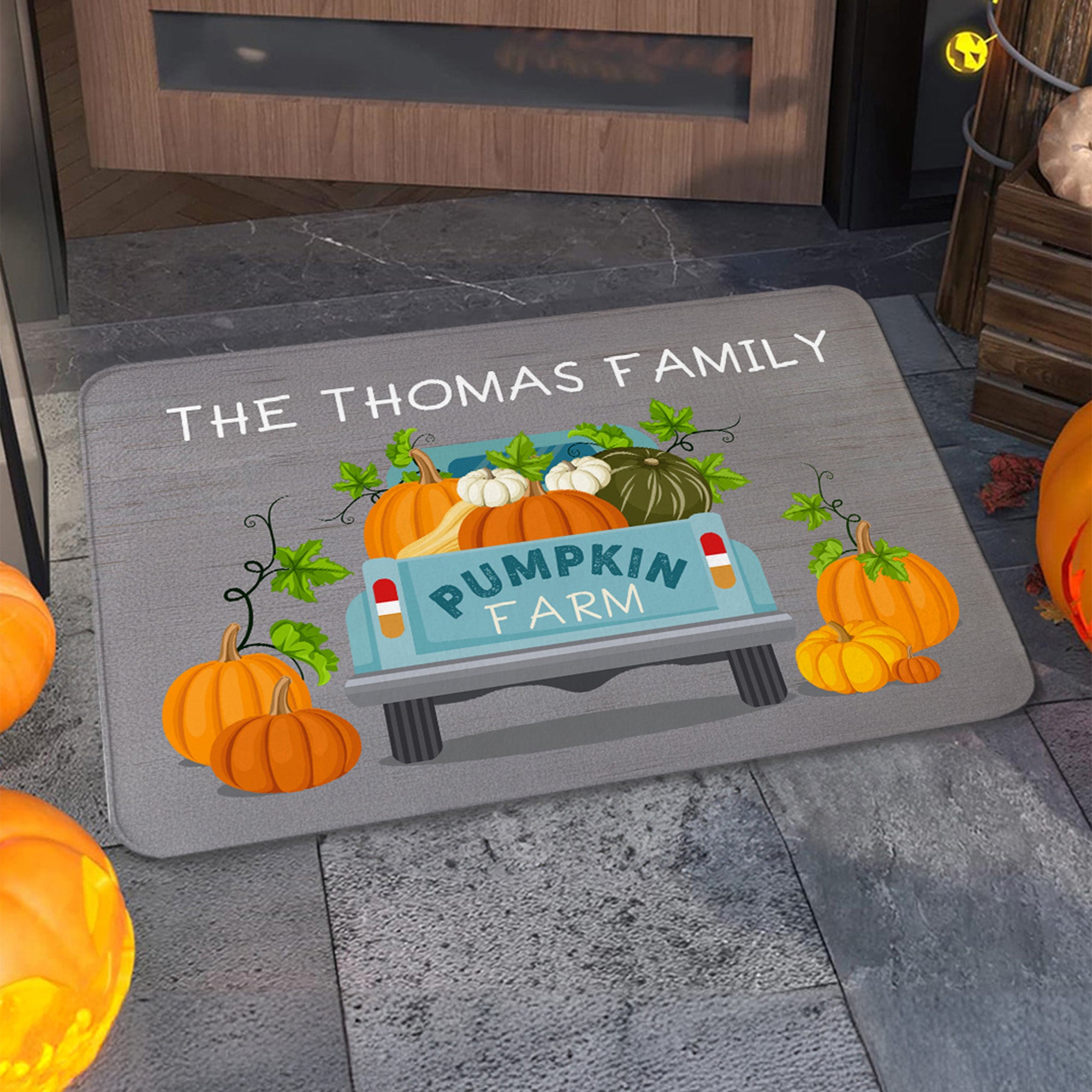 Felpudo antideslizante personalizado con texto Calabaza Granja Camión Decoración del hogar Halloween Otoño Regalo para la familia Amigos