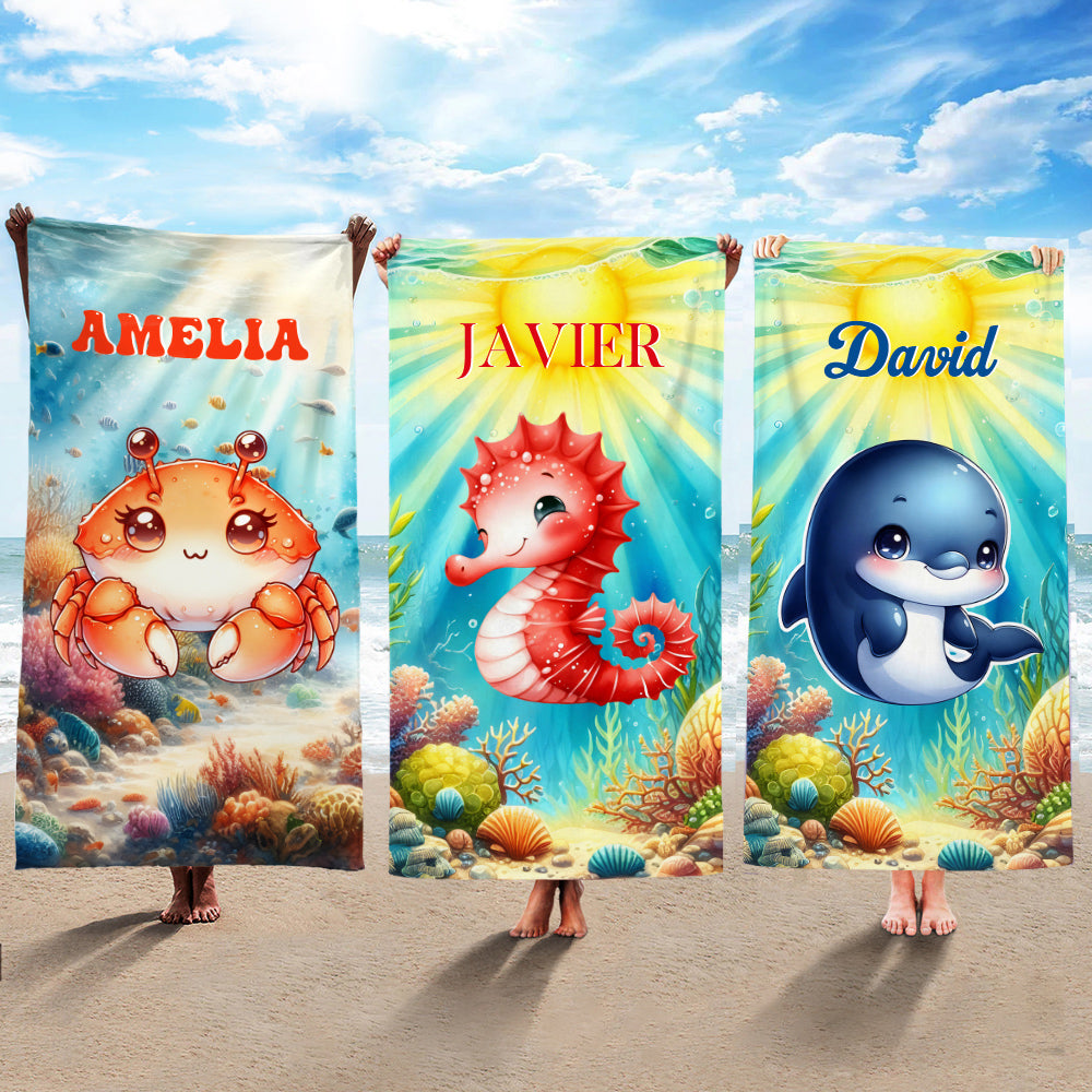 Toalla de playa personalizada con nombre diseño de mundo submarino y adorables animales marinos de secado rápido regalo de cumpleaños para niños