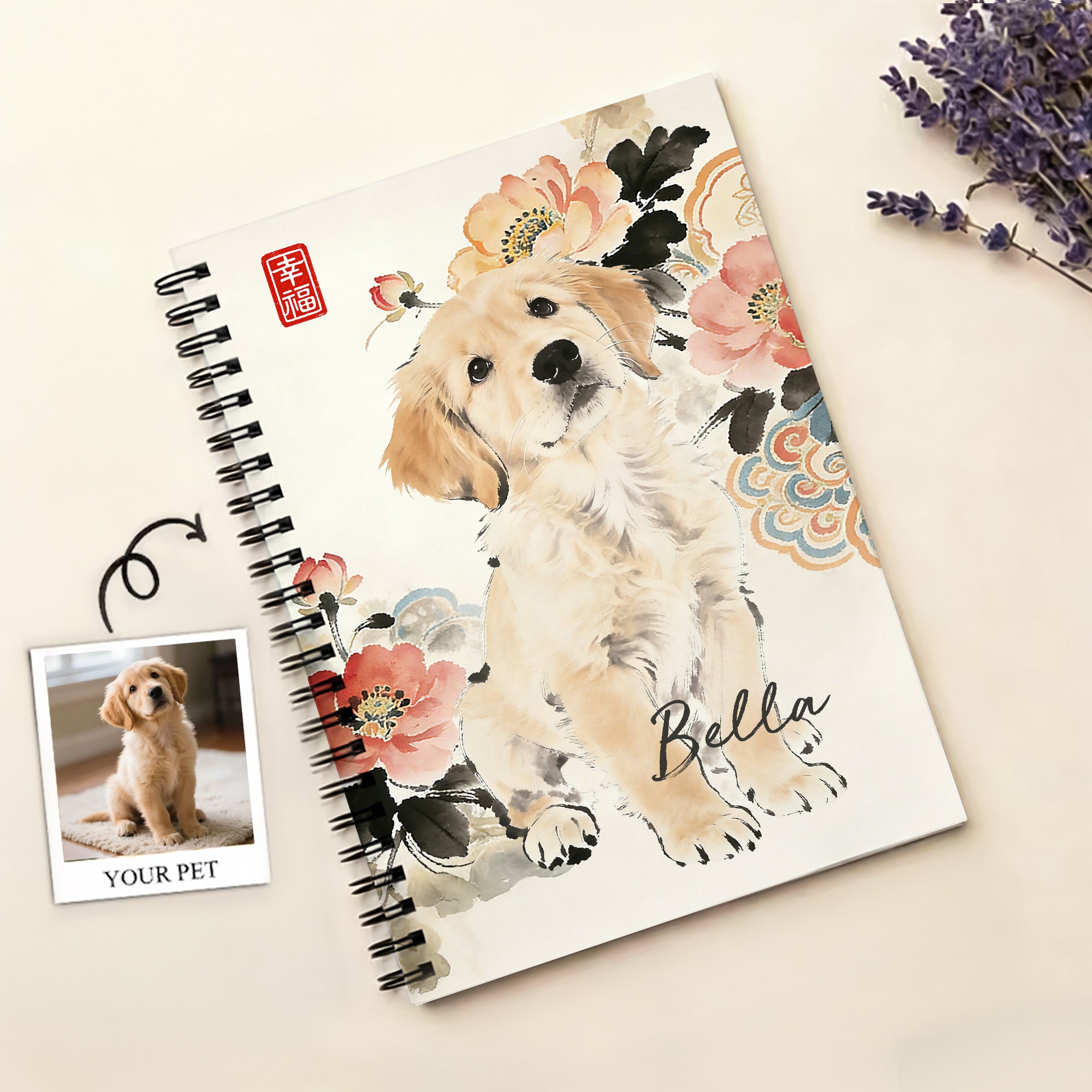 Cuaderno de espiral A5 personalizado con nombre y 120 páginas rayadas con pintura a tinta estilo chino para mascotas Regalo de cumpleaños diario para dueños de mascotas