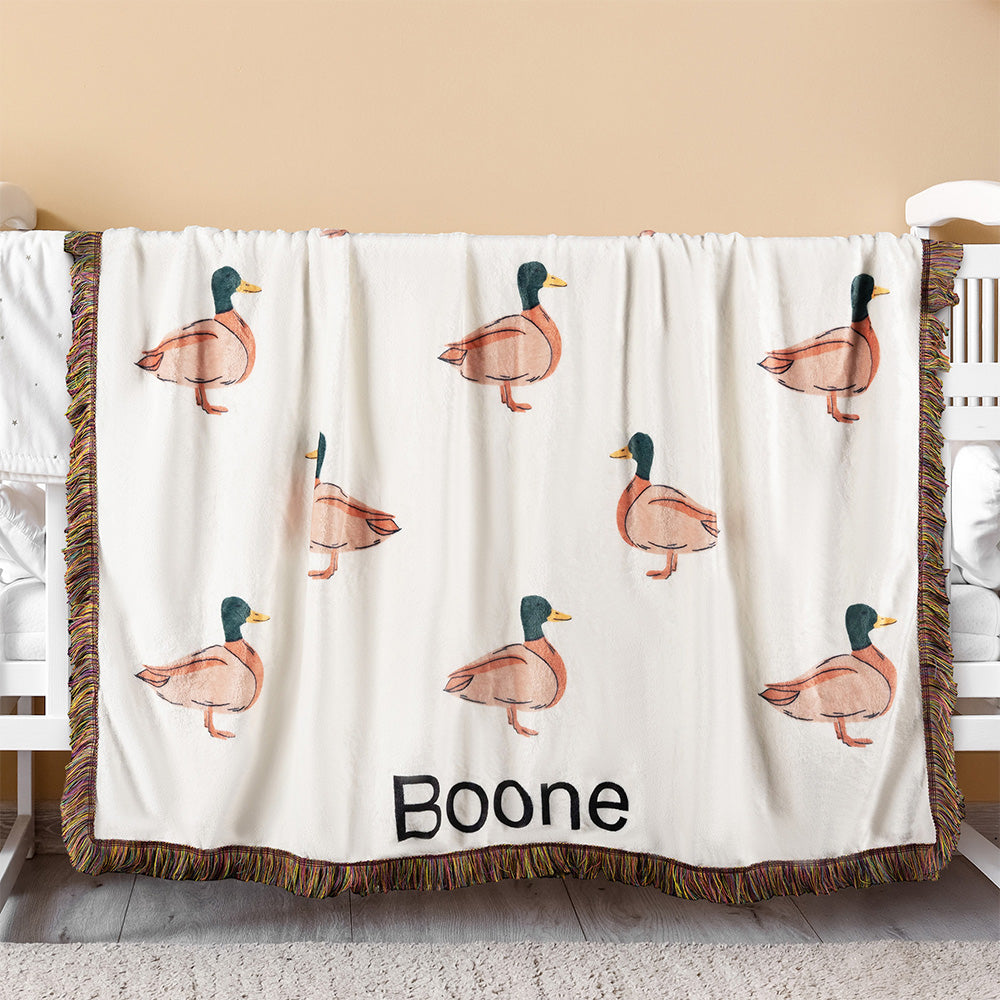 Manta de pato azulón personalizada con nombre y borlas Decoración de la habitación del bebé Cumpleaños Baby Shower Regalo para recién nacido Niño