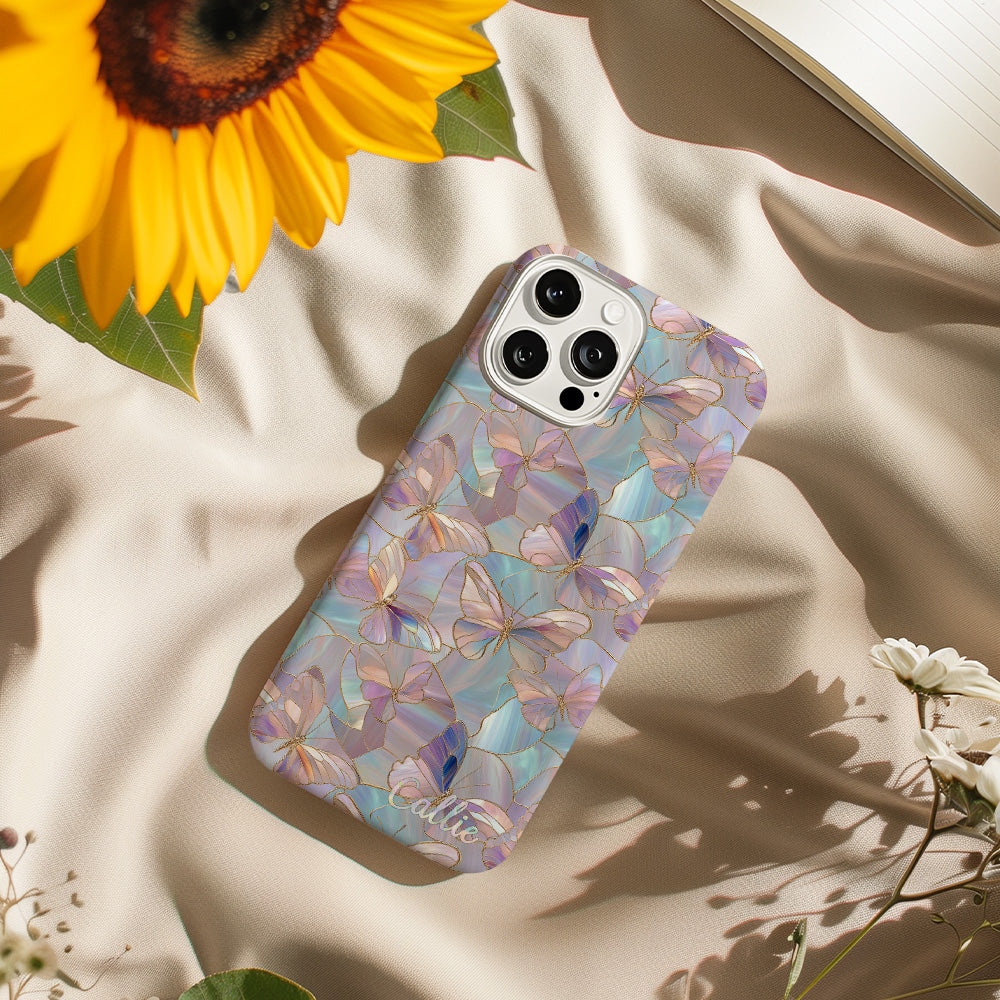 Personalizado Mariposas Faux Vidrieras Funda de teléfono con nombre para el iPhone Samsung Aniversario Cumpleaños Regalo para Amigo Familia Amantes de la mariposa